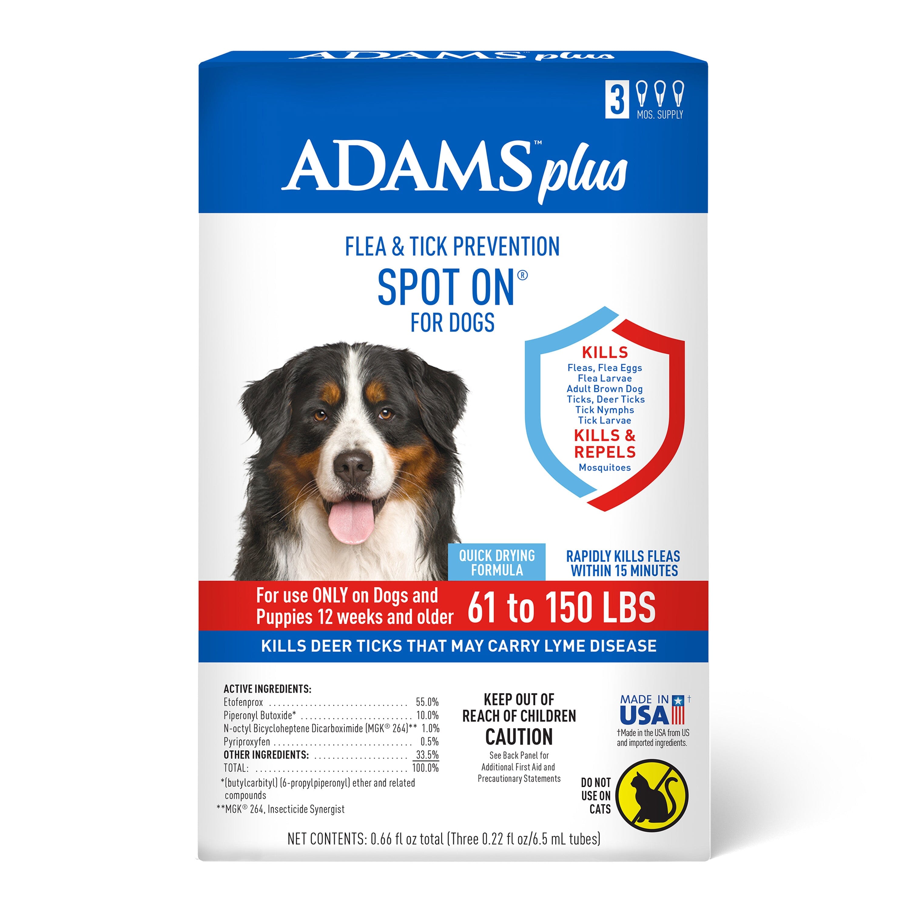 Adams Plus Flea & Tick Prevention Spot On for Dogs 3 Month Supply - Extra Large Dogs 61 To 150 lb