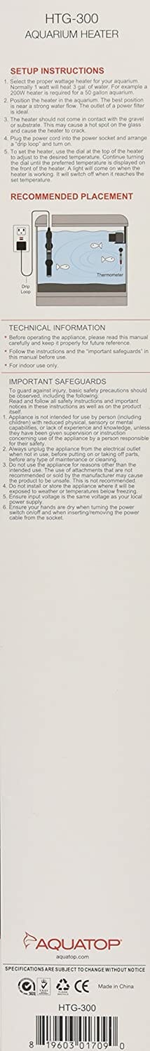 Aquatop Premier Glass Heater with Protective Guard Submersible Fish Tank Heater - 300 Watt