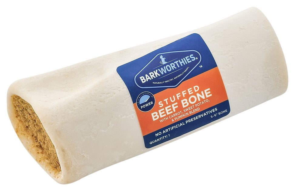 Barkworthies 5"-6" Shin Bone Stuffed with Pumpkin Sweet Potato & Carrot - Dog Chew Treat - 10 ct Case - Case of 1