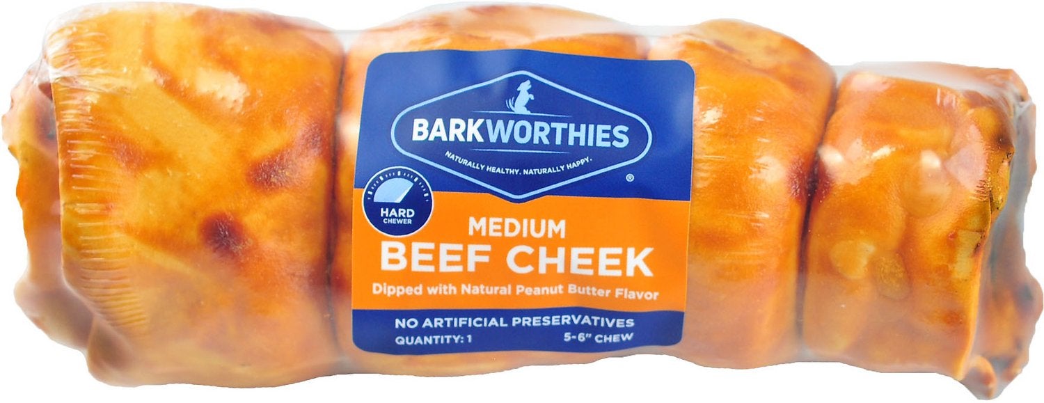 Barkworthies 5 Dog Bone - 6” Medium Beef Cheek Dipped with Peanut Butter Flavor - 18 ct Case - Case of 1