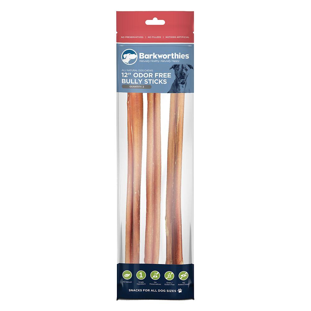 Barkworthies Odor Free Bagged Dog Bully Sticks 12" - 3 Pack Bag