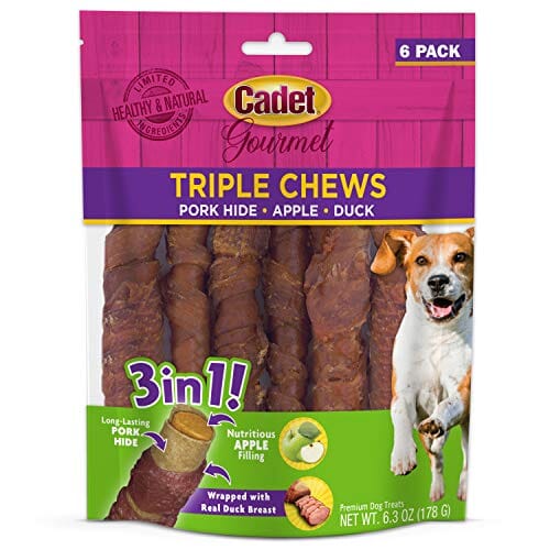 Cadet Gourmet Triple Chews Natural Dog Chews - Pork Hide and Apple - 6 Pack