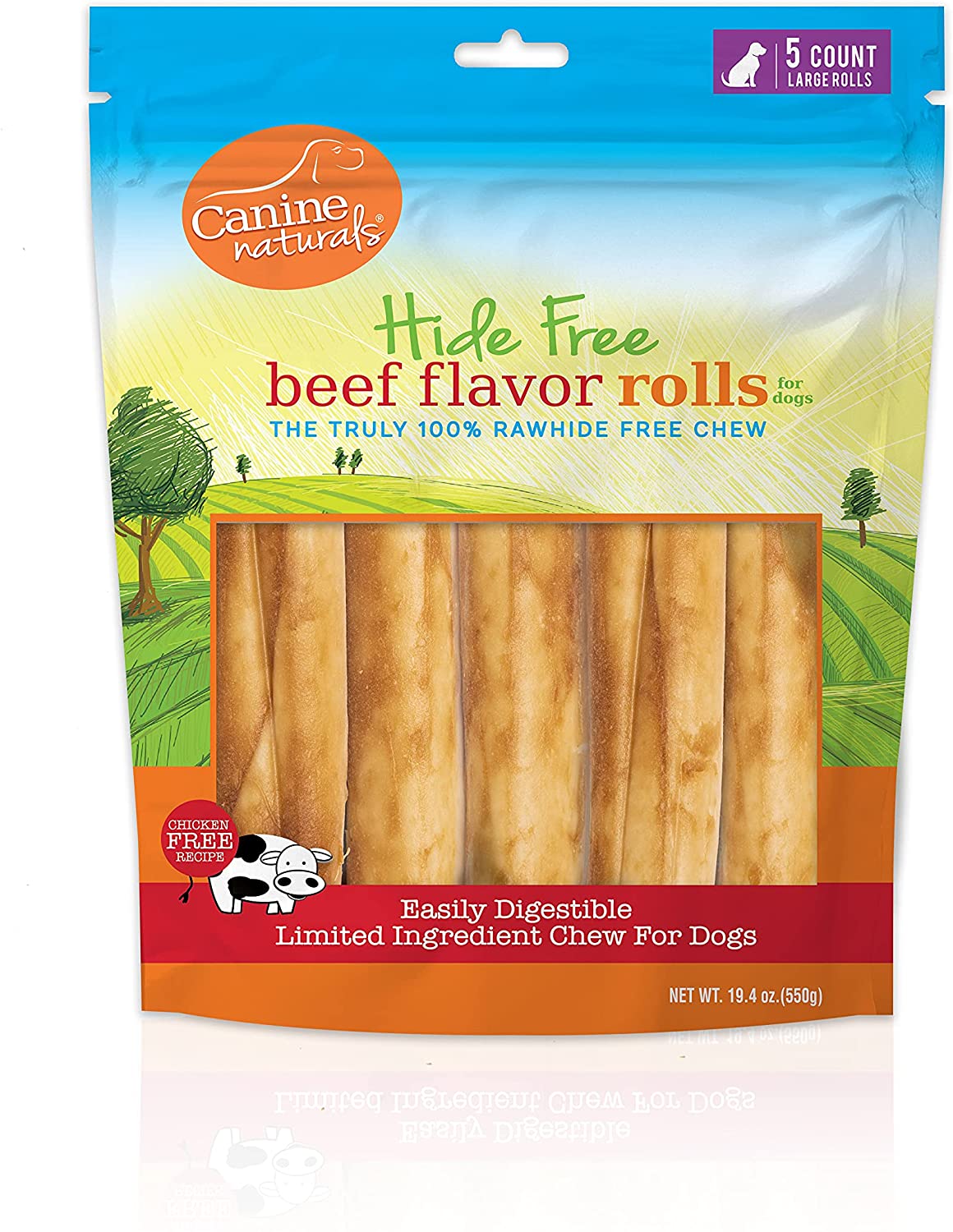 Canine Naturals Hide-Free Beef Rolls Natural Dog Chews - 7 Inch - 19.4 oz - 5 Count