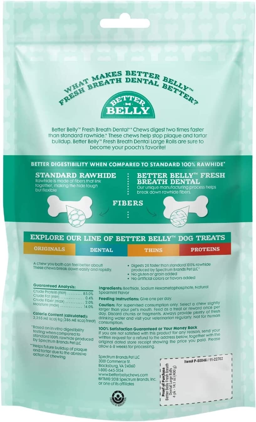 Dingo Better Belly Fresh Breath Dental Rolls Natural Dog Chews - Spearmint - Large - 4 Pack