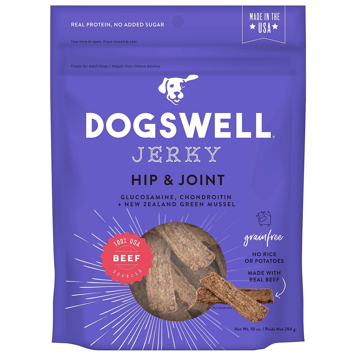 DOGSWELL Hip and Joint Grain Free Jerky Beef Soft and Chewy Dog Treats - 10 oz Bag
