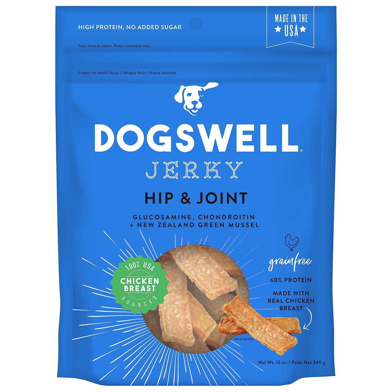 DOGSWELL Hip and Joint Grain Free Jerky Chicken Soft and Chewy Dog Treats - 12 oz Bag