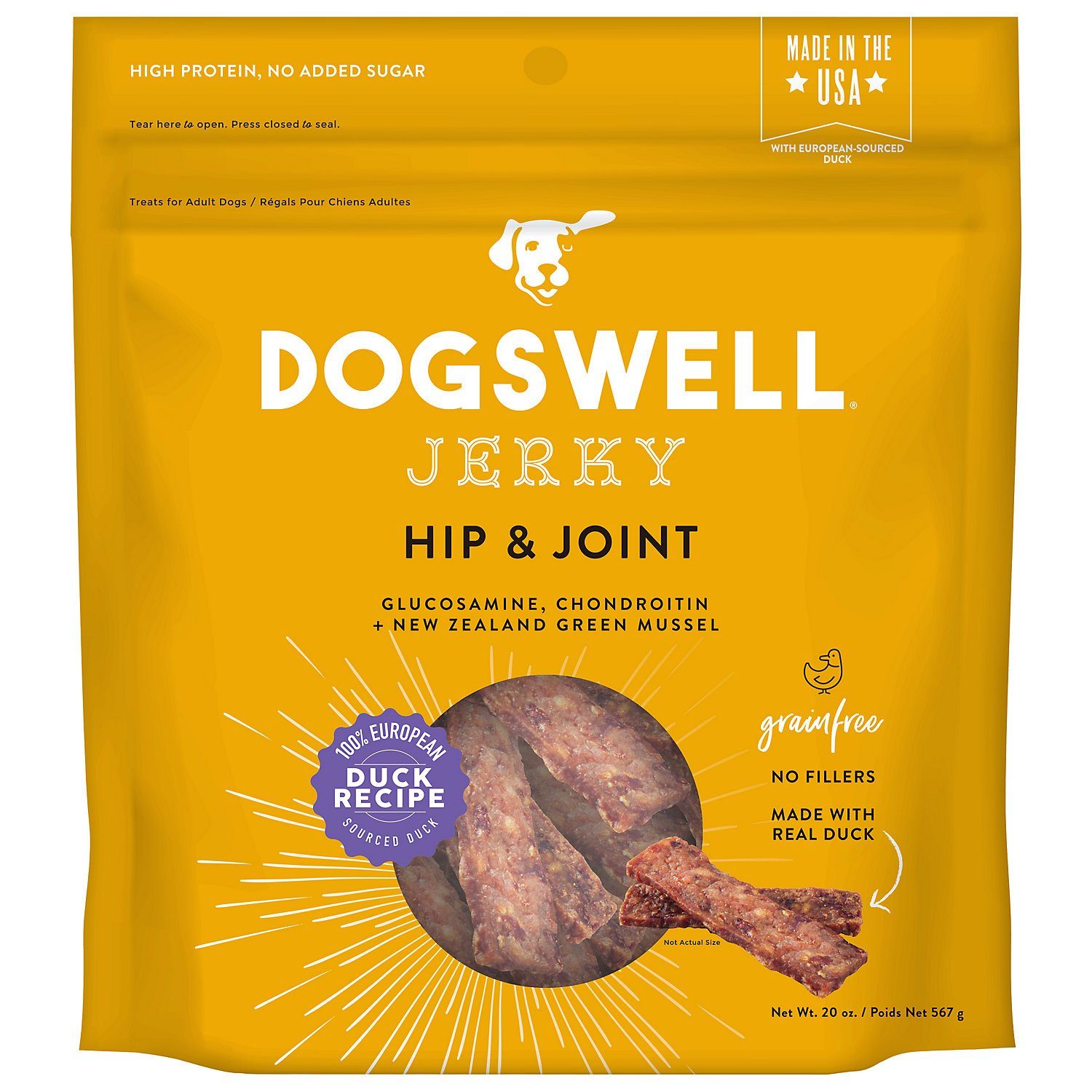 DOGSWELL Hip and Joint Grain Free Jerky Duck Soft and Chewy Dog Treats - 20 oz Bag