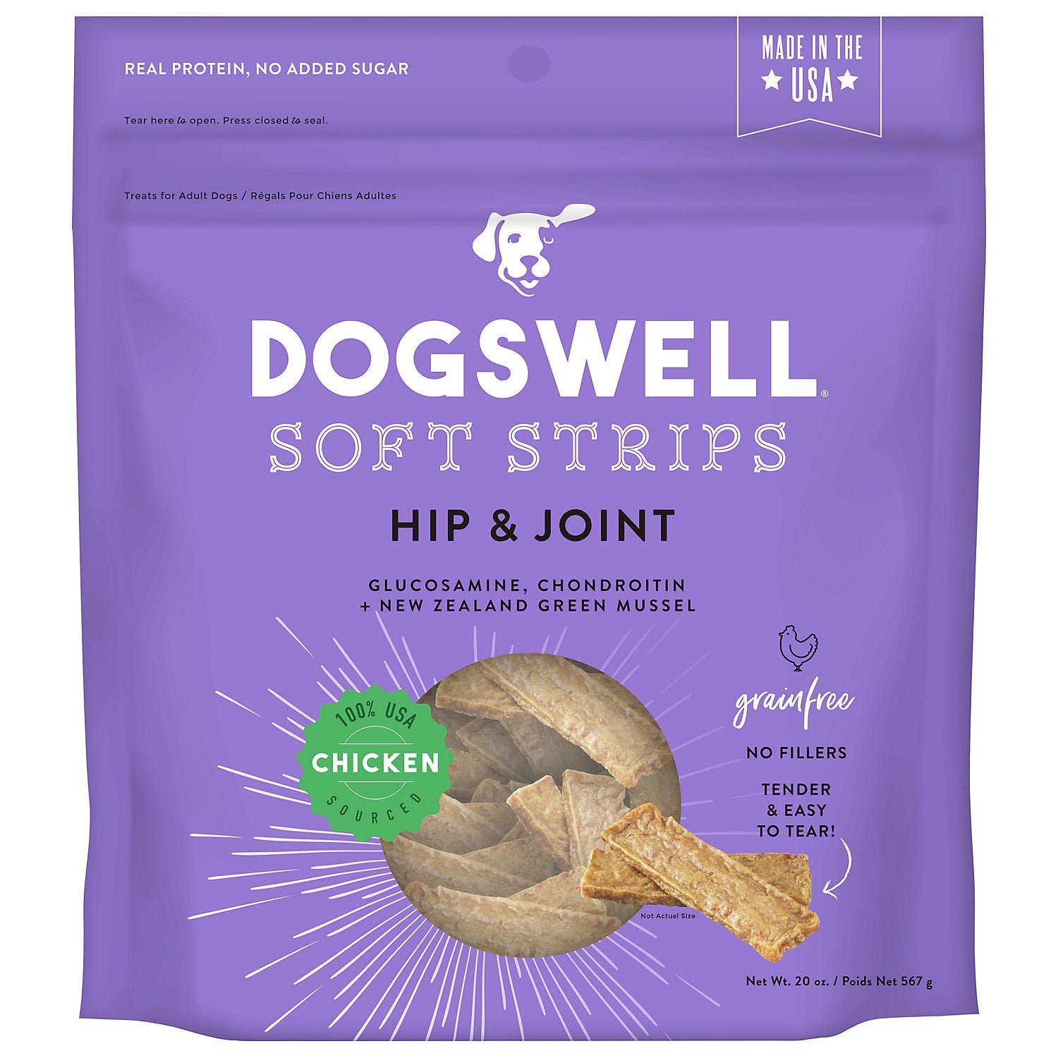 DOGSWELL Hip and Joint Grain Free Soft Strips Chicken Soft and Chewy Dog Treats - 20 oz Bag