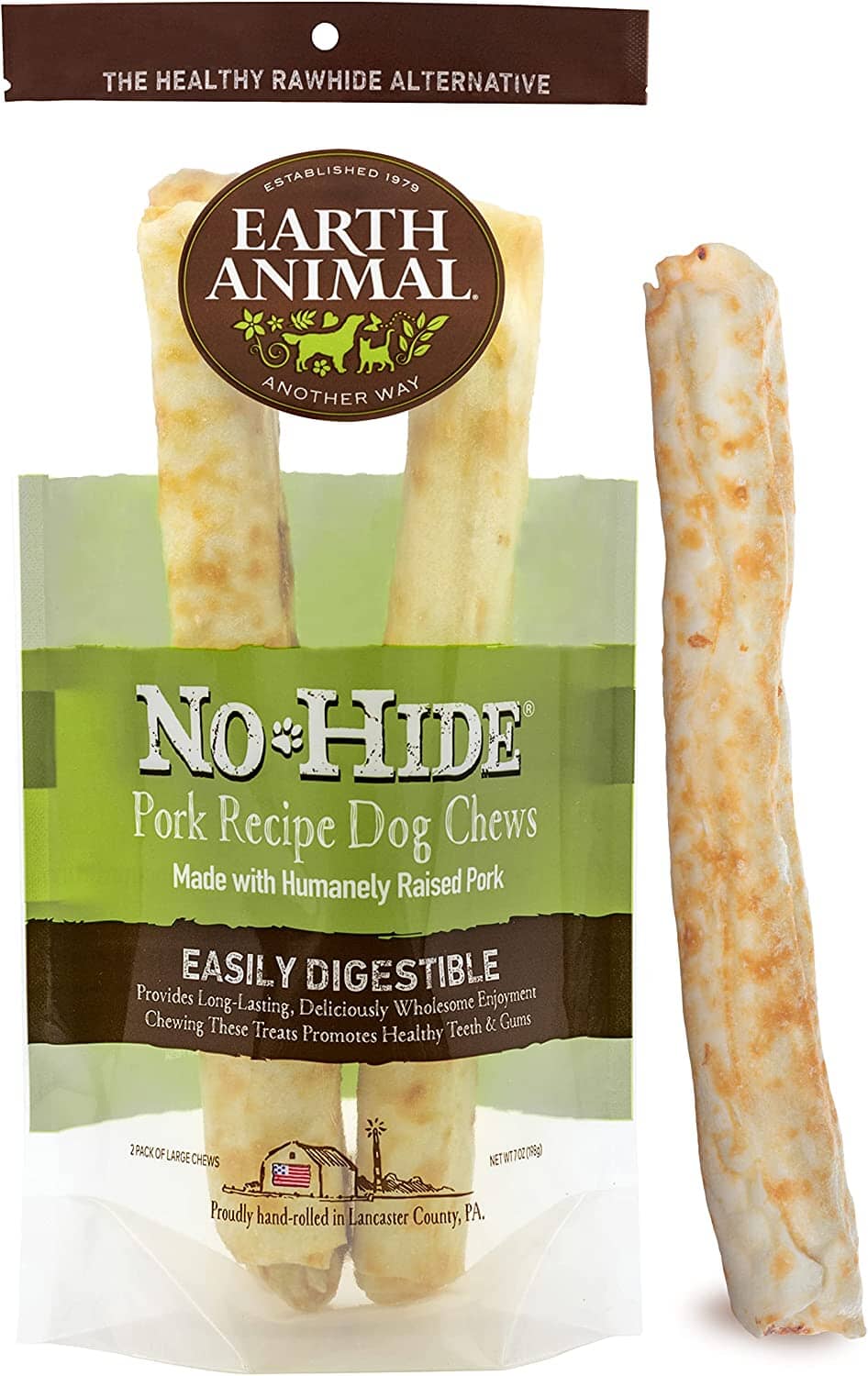 Earth Animal NO HIDE Pork Dog Chews - 11 Inches - 2 Pack