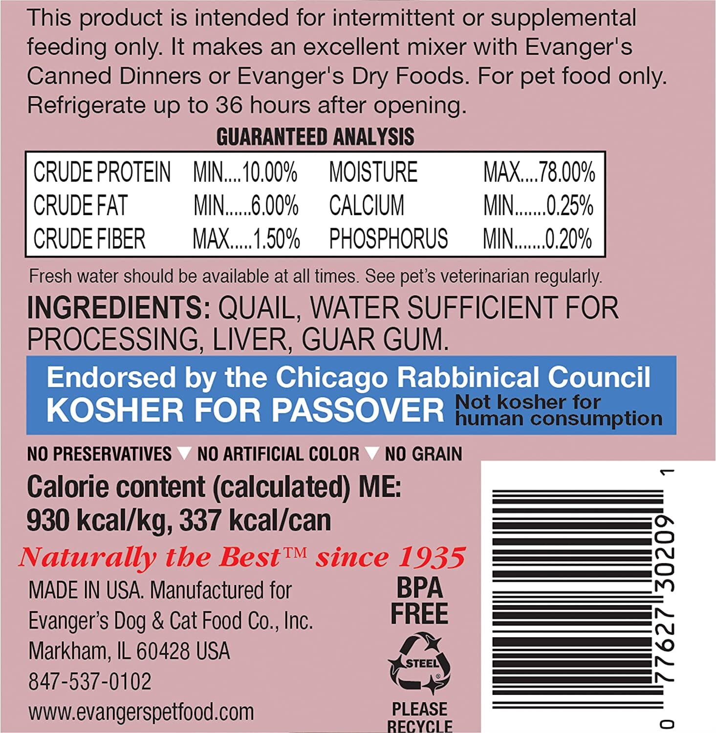 Evanger's Grain-Free Quail Canned Cat and Dog Food - 12.8 Oz - Case of 12