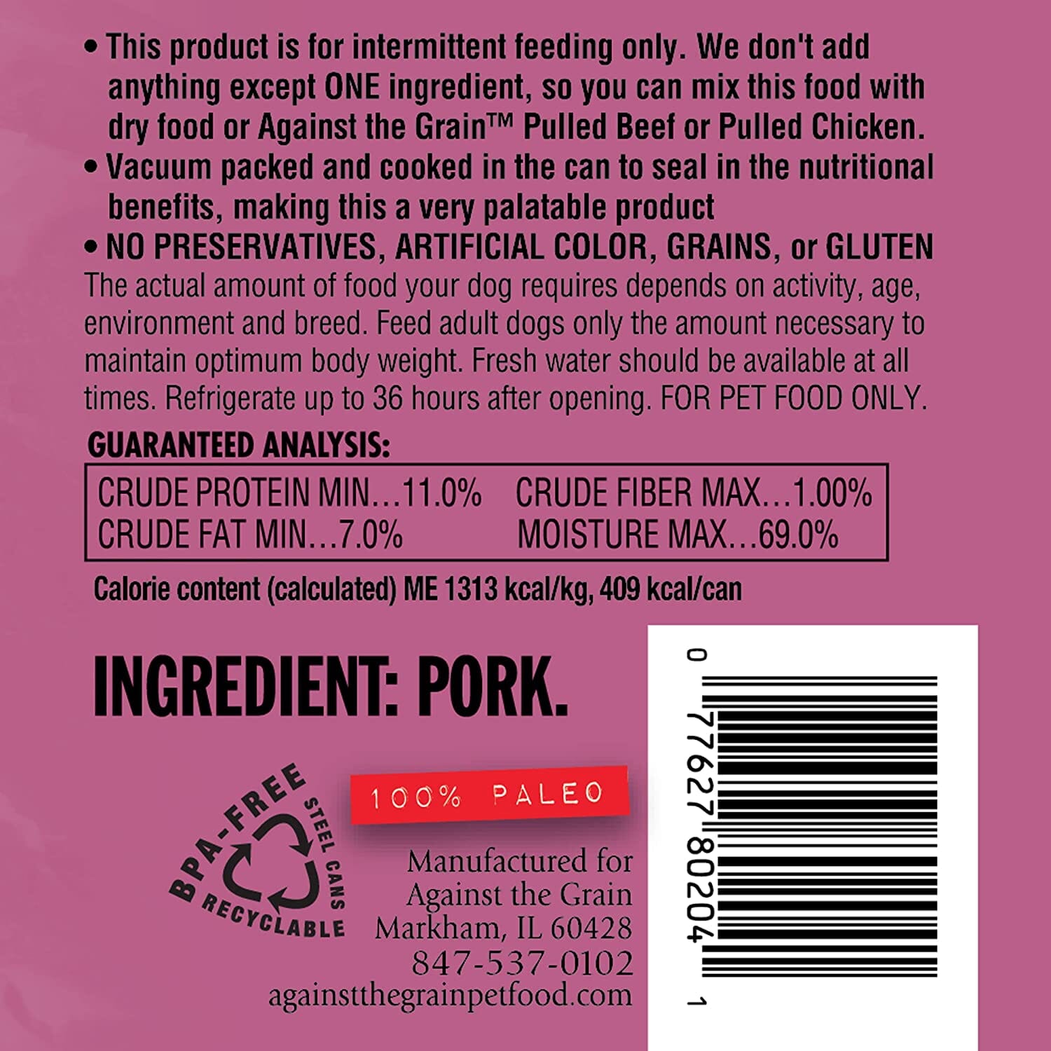 Evanger's Nothing Else- One Ingredient Pork Canned Dog Food - 11 Oz - Case of 12