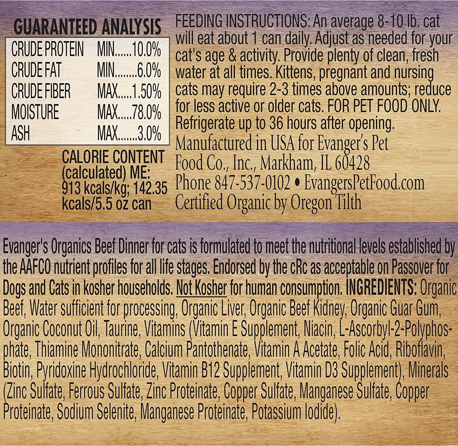 Evanger's Organics Beef Dinner Canned Cat Food - 5.5 Oz - Case of 24