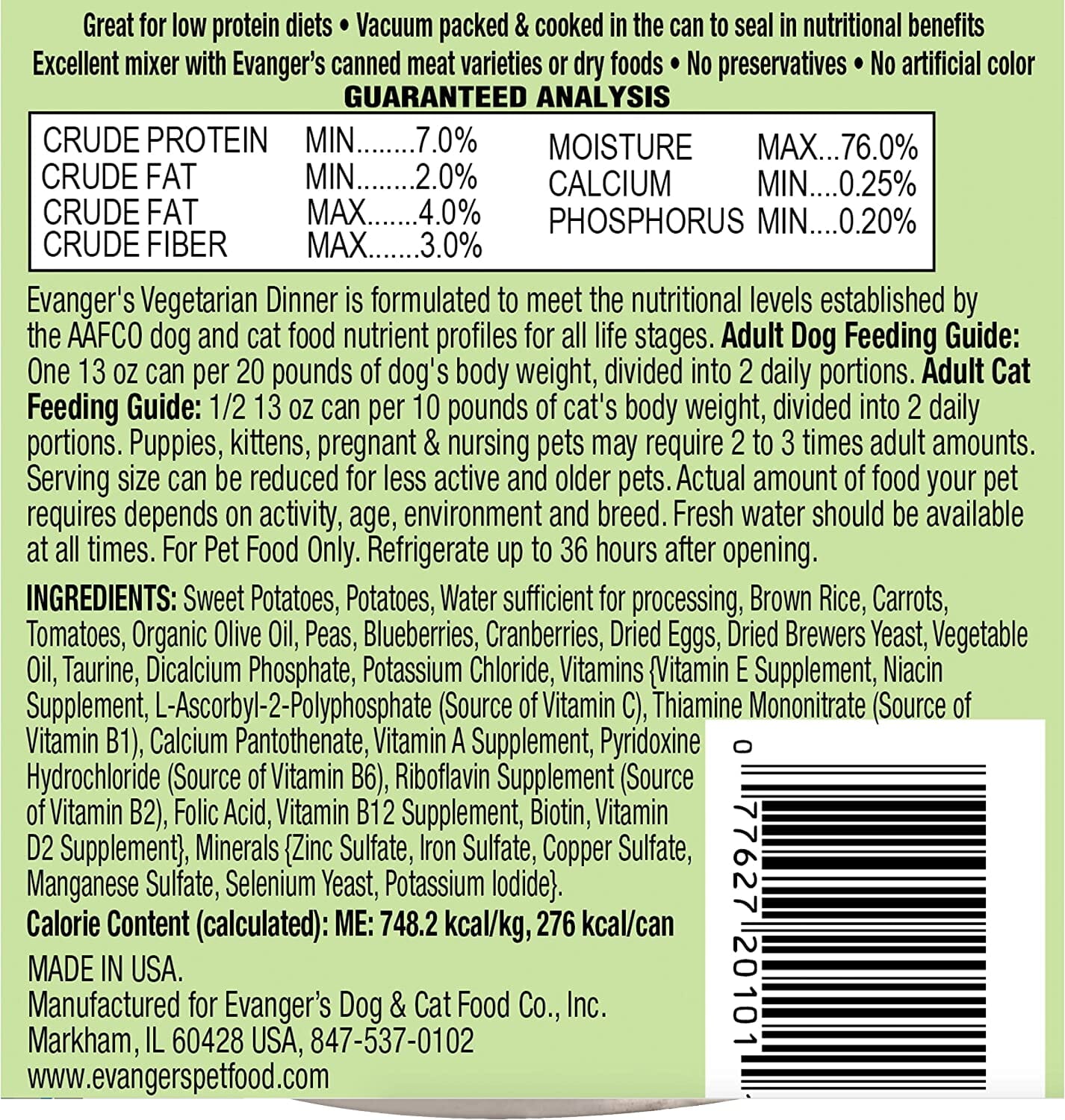 Evanger's Super Premium Vegetarian Dinner Canned Cat and Dog Food - 12.8 Oz - Case of 12