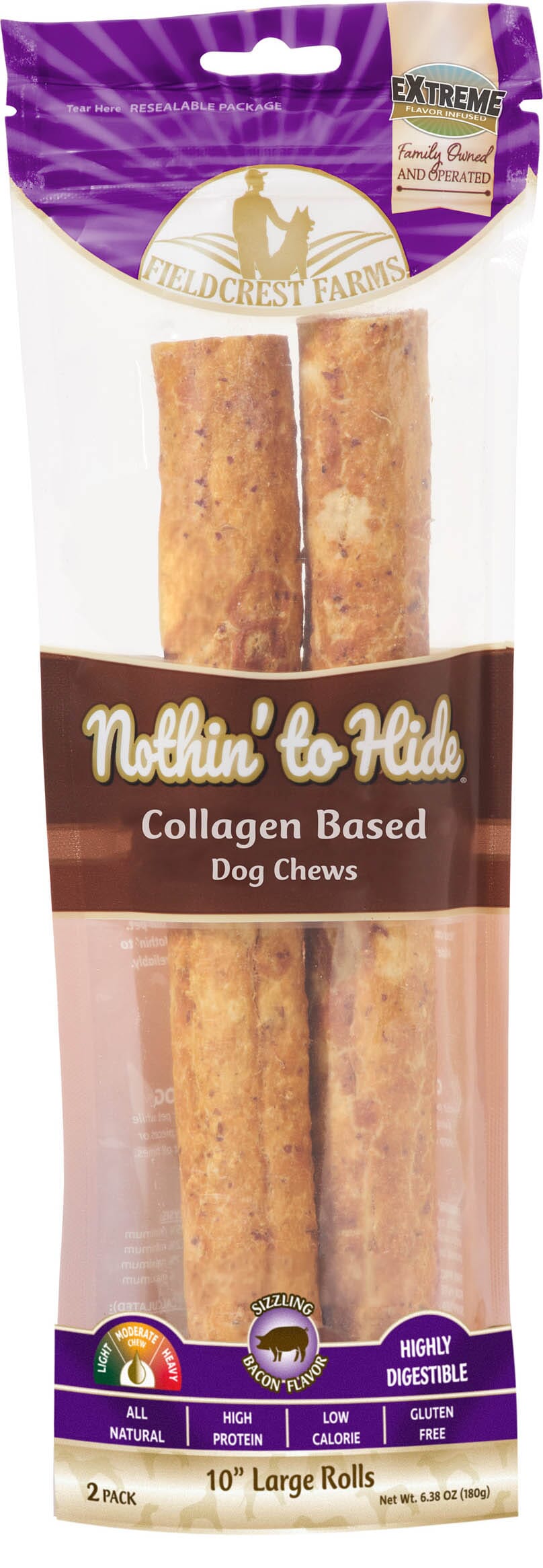 Fieldcrest Farms Nothin' To Hide Rawhide Alternative Roll Natural Dog Chews - Bacon - 10 In - 2 Pack