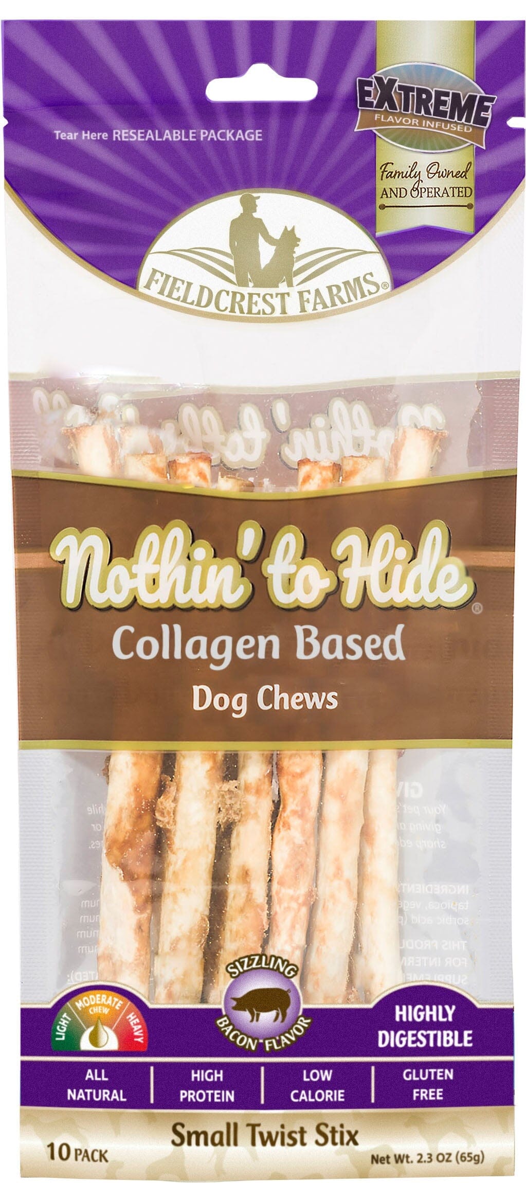Fieldcrest Farms Nothin' To Hide Rawhide Alternative Twist Stix Natural Dog Chews - Bacon - 10 Pack