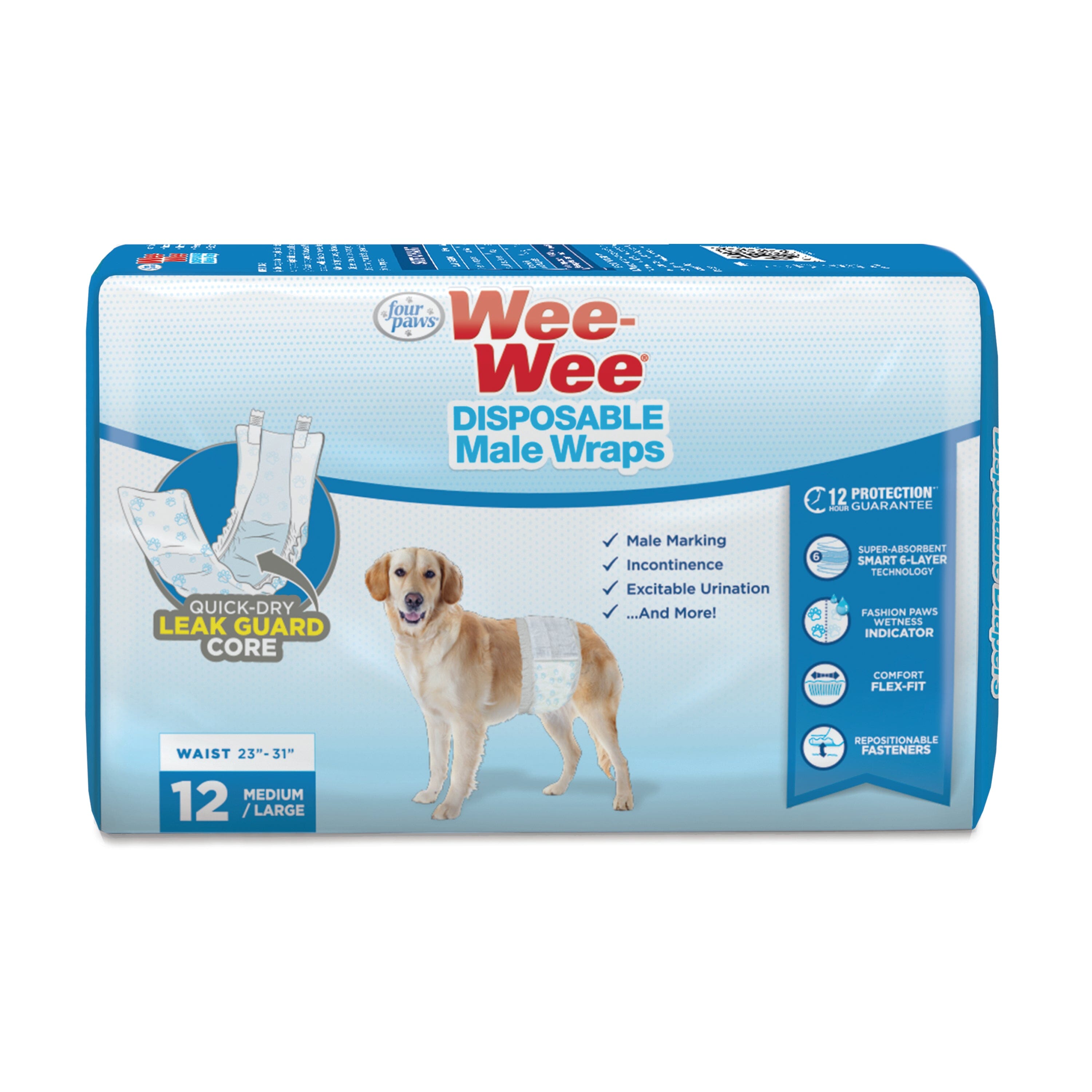 Four Paws Wee-Wee Disposable Male Dog Wraps 12 Count - Medium / Large
