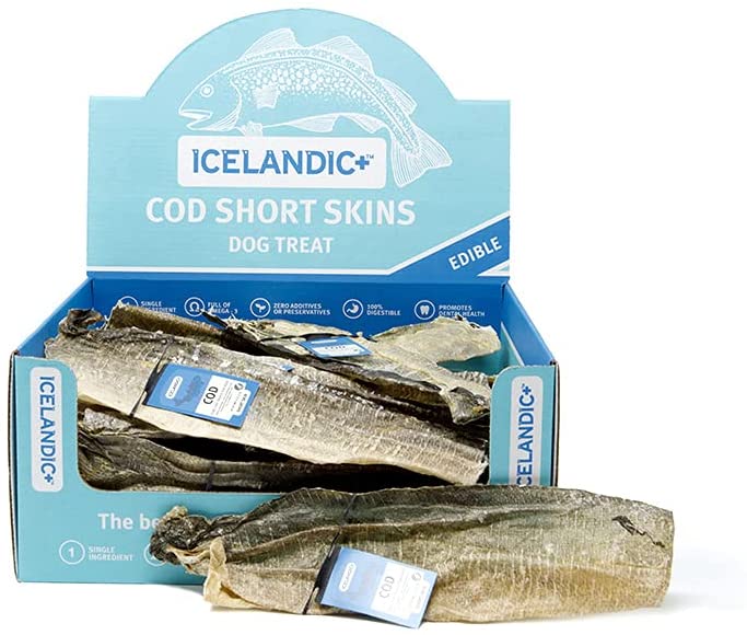 Icelandic+ Short Cod Skin Strips Display Box Natural Dehydrated Cat and Dog Treats - 36 Count  