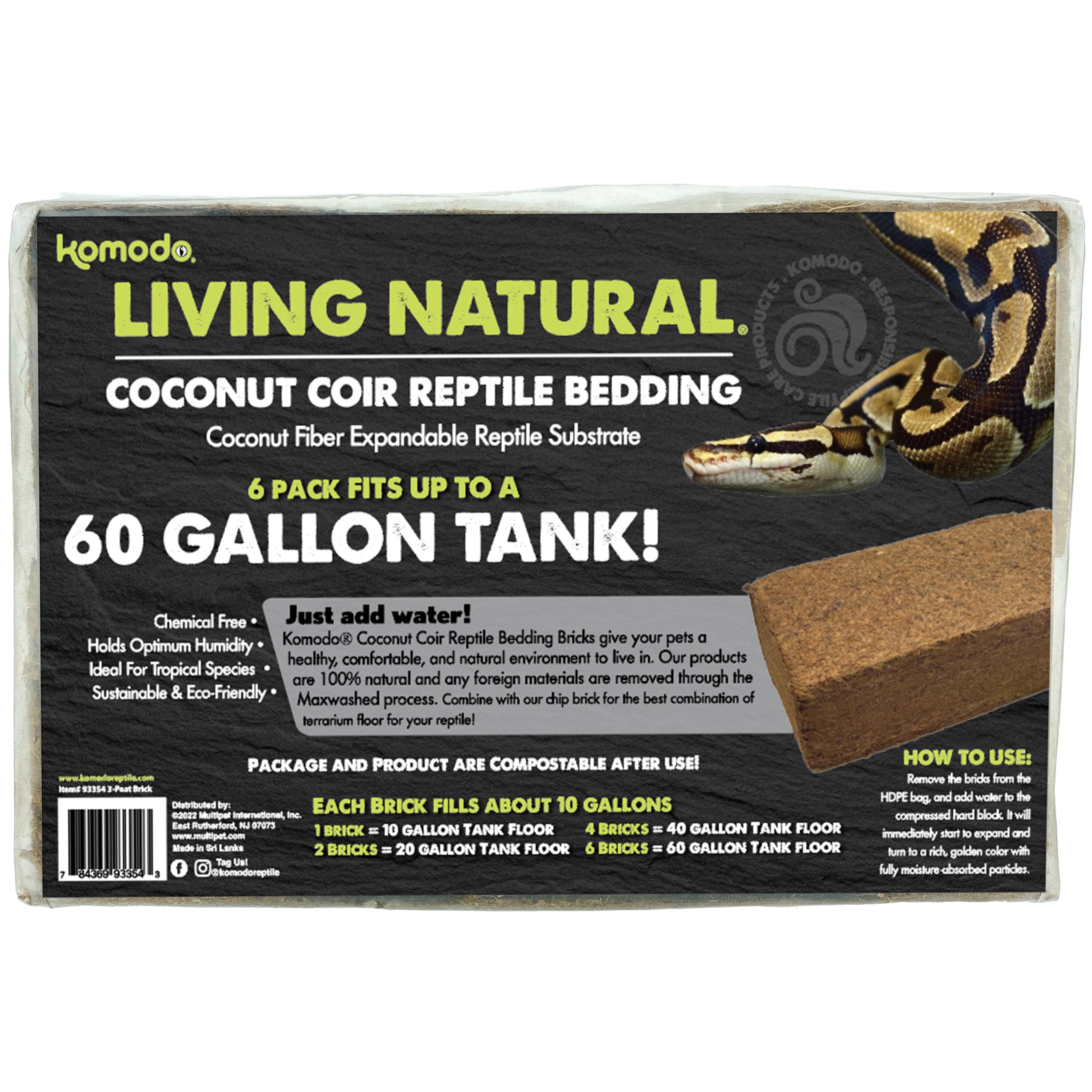 Komodo Living Natural Coconut Coir Reptile Bedding Brick - 6 Pack