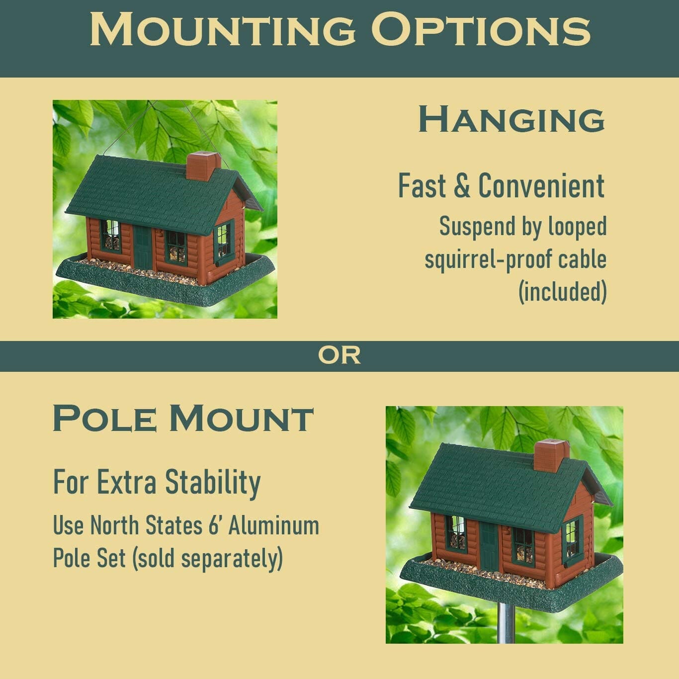 North States Village Collection Log Cabin Plastic Hopper Wild Bird Feeder - Green/Brown - 8 Lbs Cap