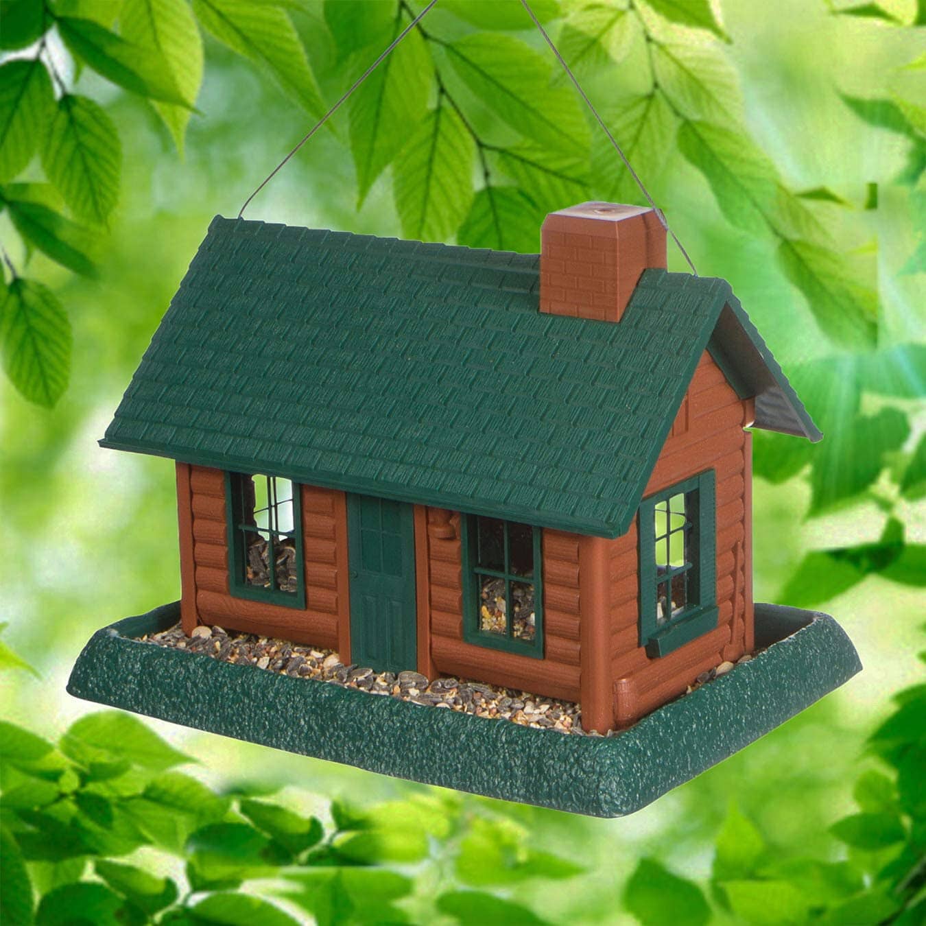 North States Village Collection Log Cabin Plastic Hopper Wild Bird Feeder - Green/Brown - 8 Lbs Cap