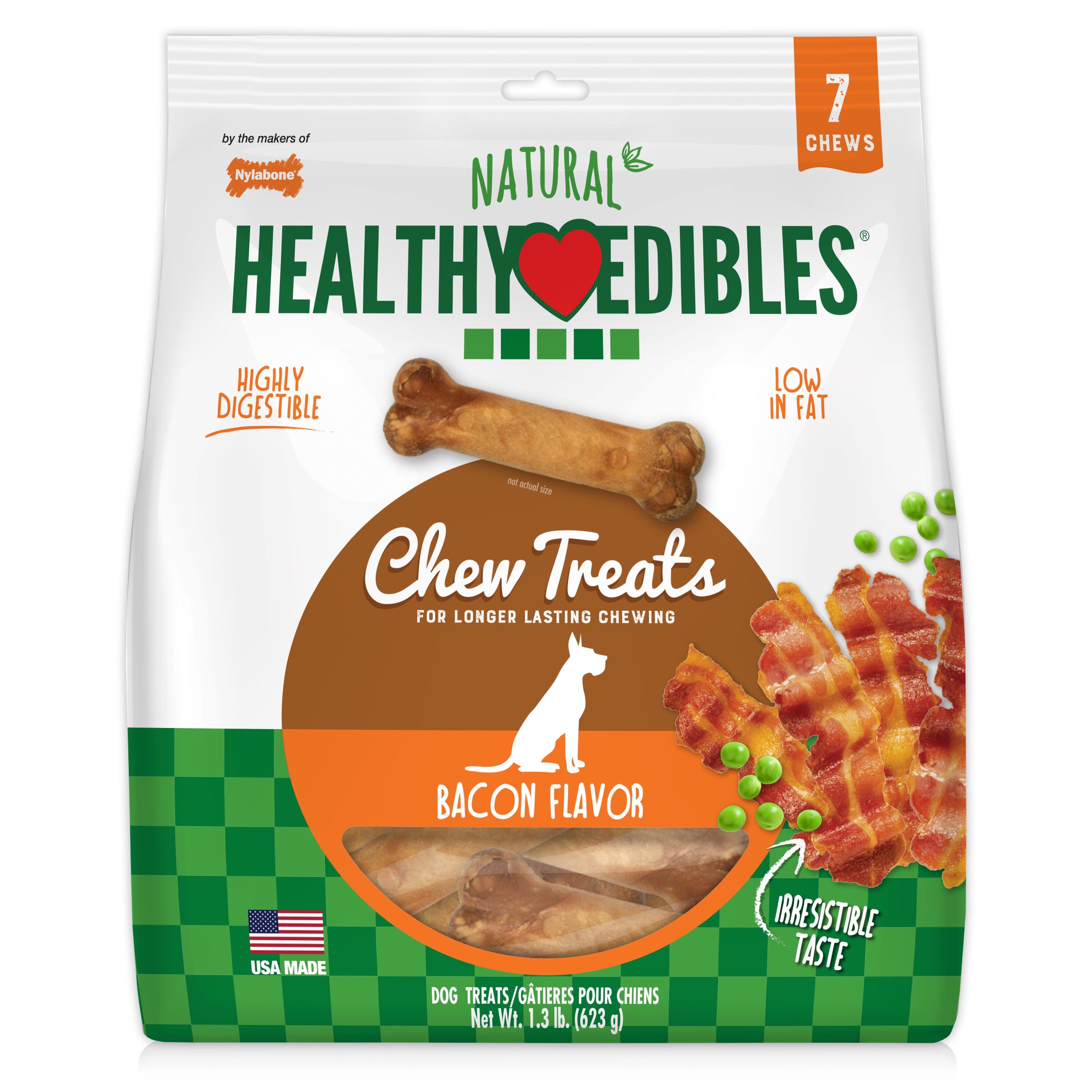 Nylabone Healthy Edibles All-Natural Long Lasting Bacon Flavor Chew Treats 7 Count - Medium/Wolf