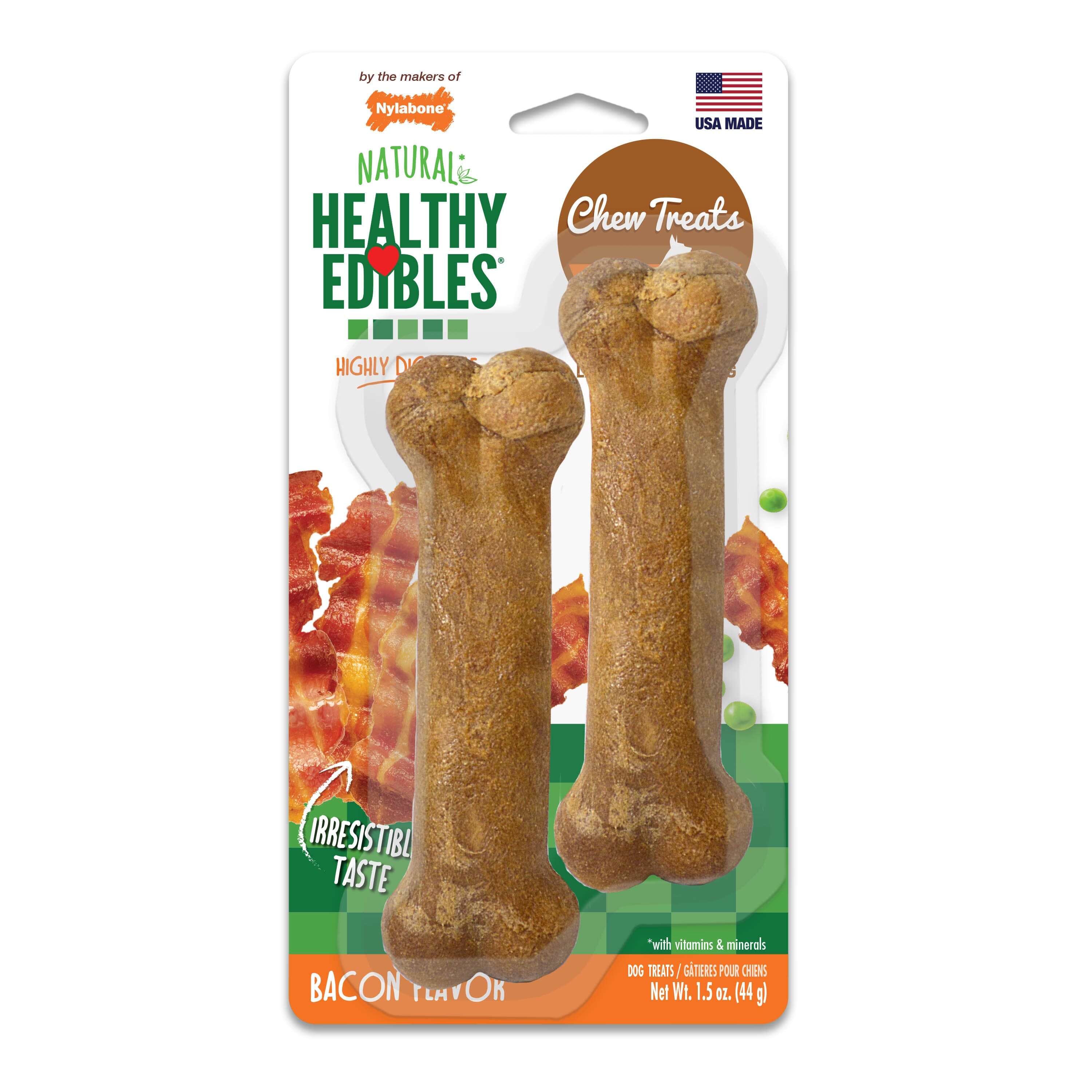 Nylabone Healthy Edibles All-Natural Long Lasting Bacon Flavor Chew Treats - Petite - Up To 15 lb - 2 Count  
