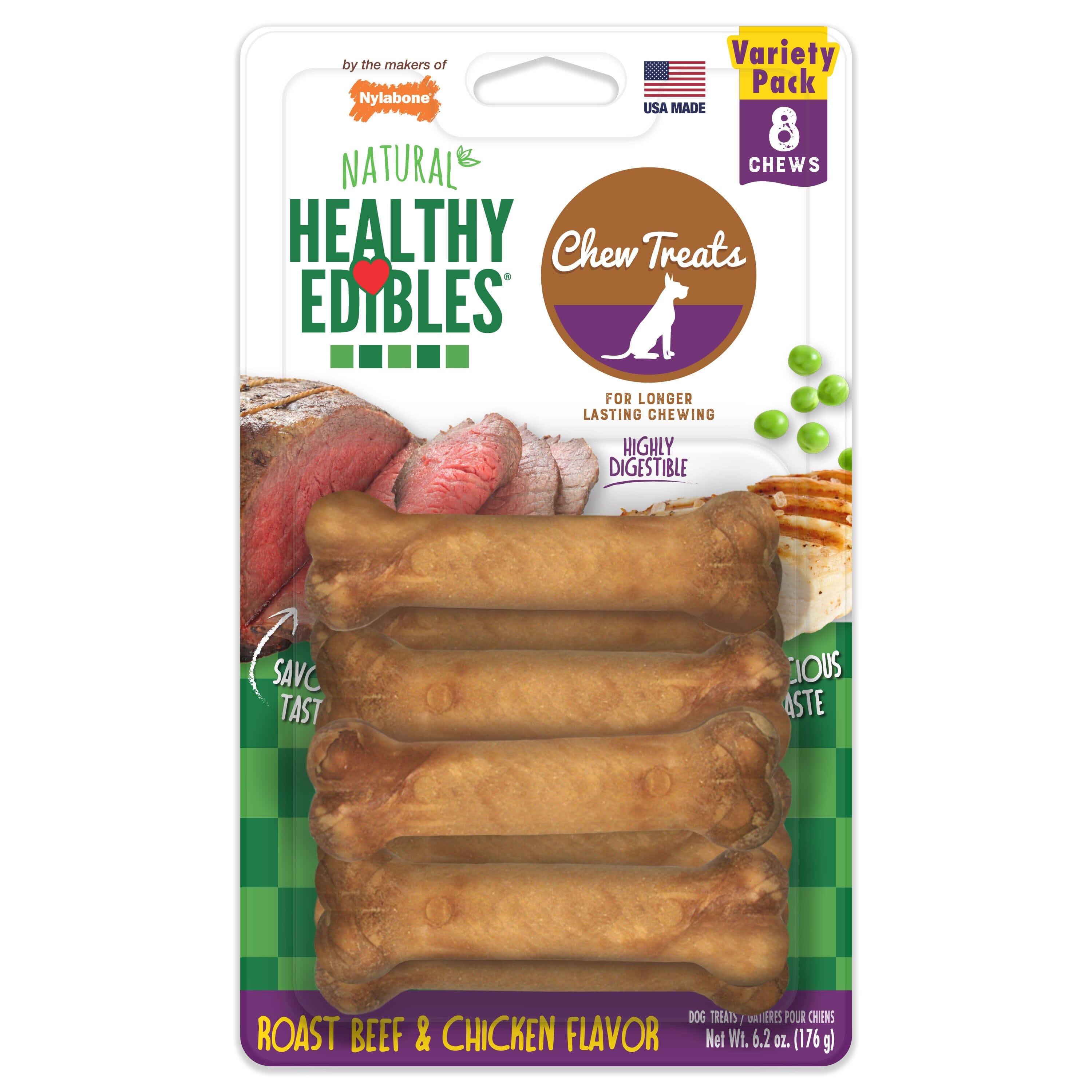 Nylabone Healthy Edibles All-Natural Long Lasting Roast Beef and Chicken Flavor Chew Treats Roast Beef & Chicken - Extra Small/Petite - 8 Count  