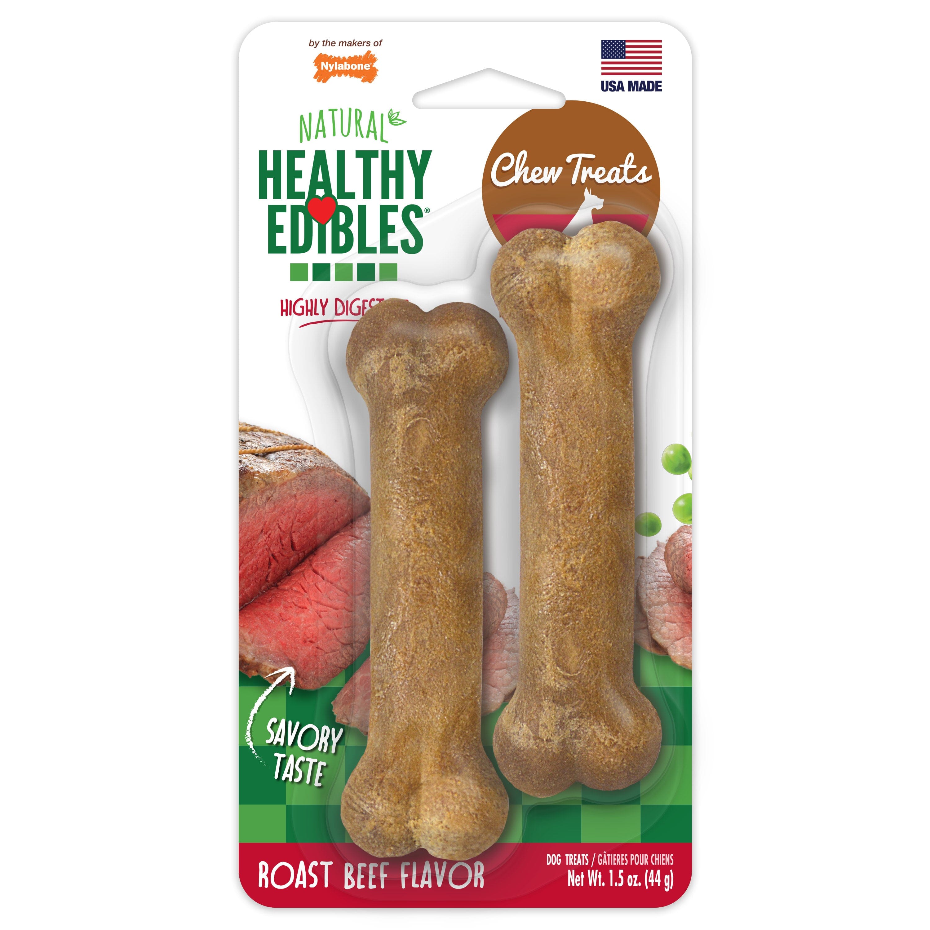 Nylabone Healthy Edibles Roast Beef Flavor Chew Treats for Dog Roast Beef - Extra Small/Petite - 2 Count  