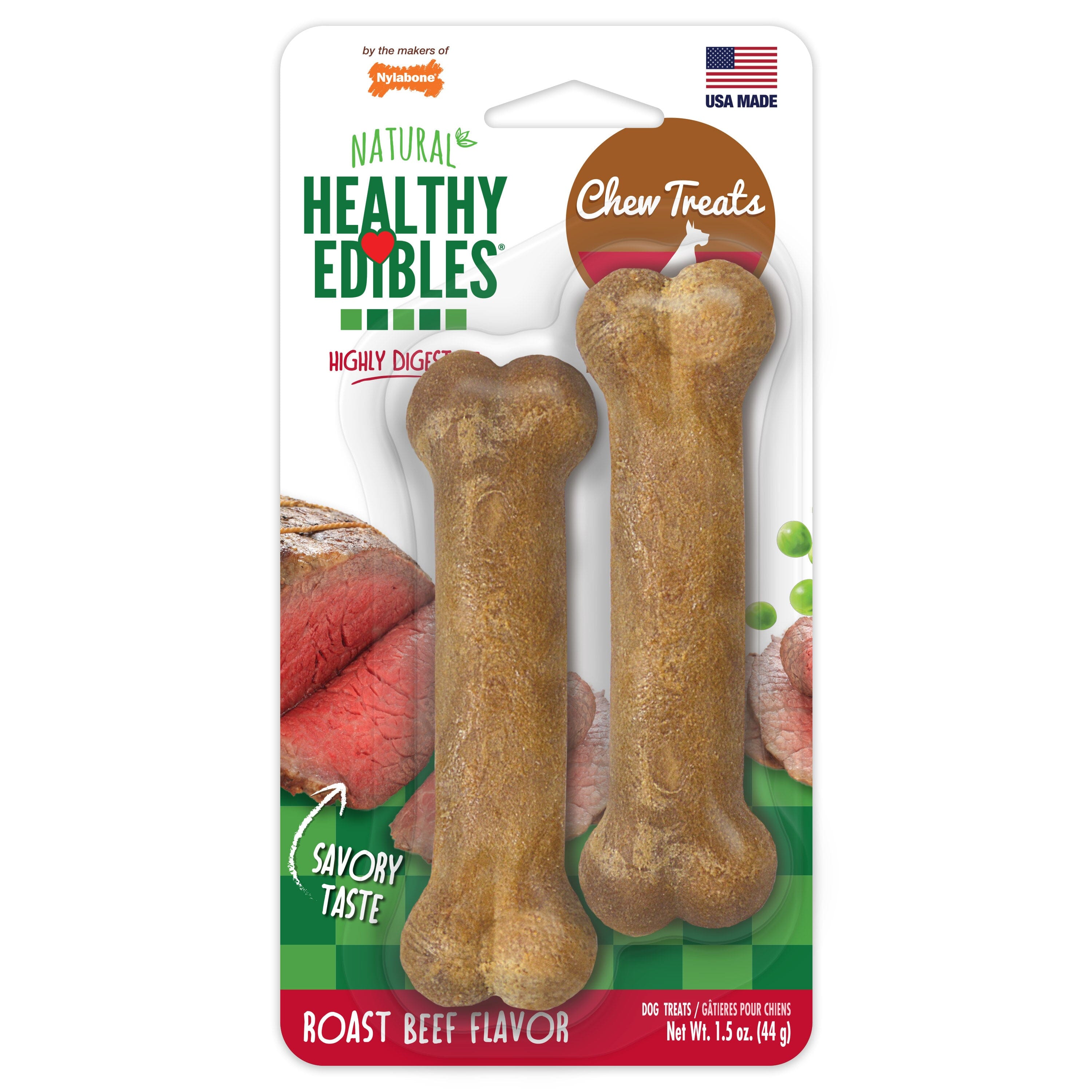 Nylabone Healthy Edibles Roast Beef Flavor Chew Treats for Dog Roast Beef - Extra Small/Petite - 2 Count