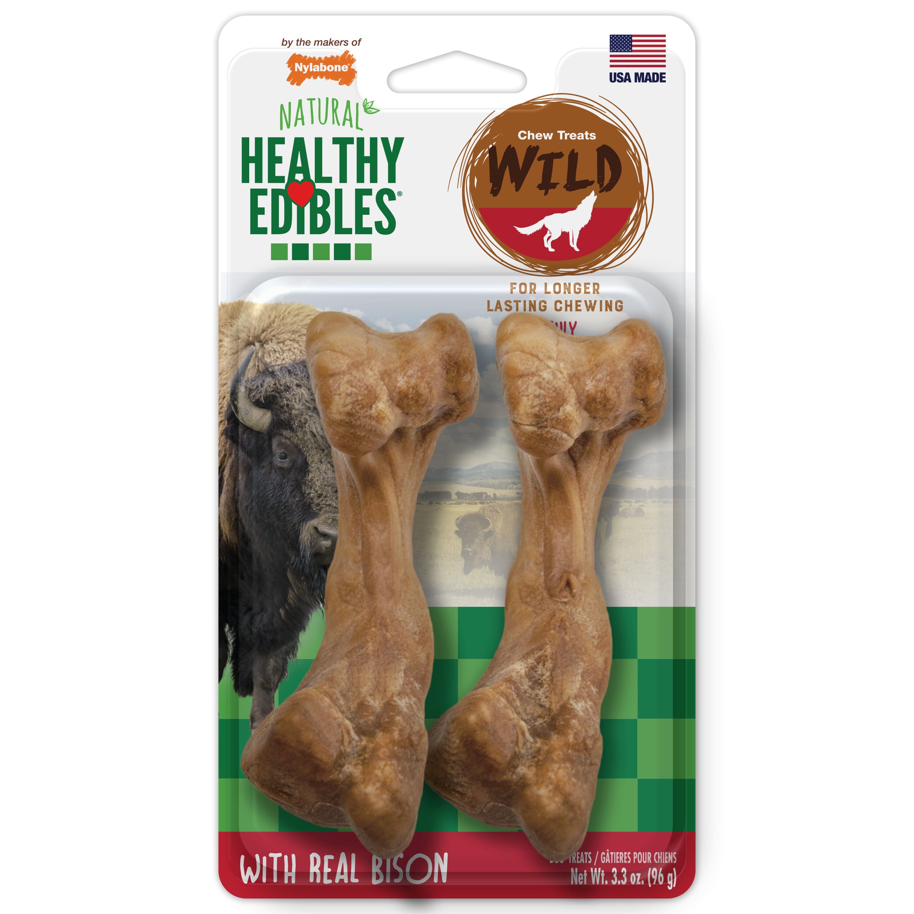 Nylabone Healthy Edibles WILD Natural Long Lasting Bison Flavor Dog Chew Treats Wild Bone - Medium/Wolf - 2 Count