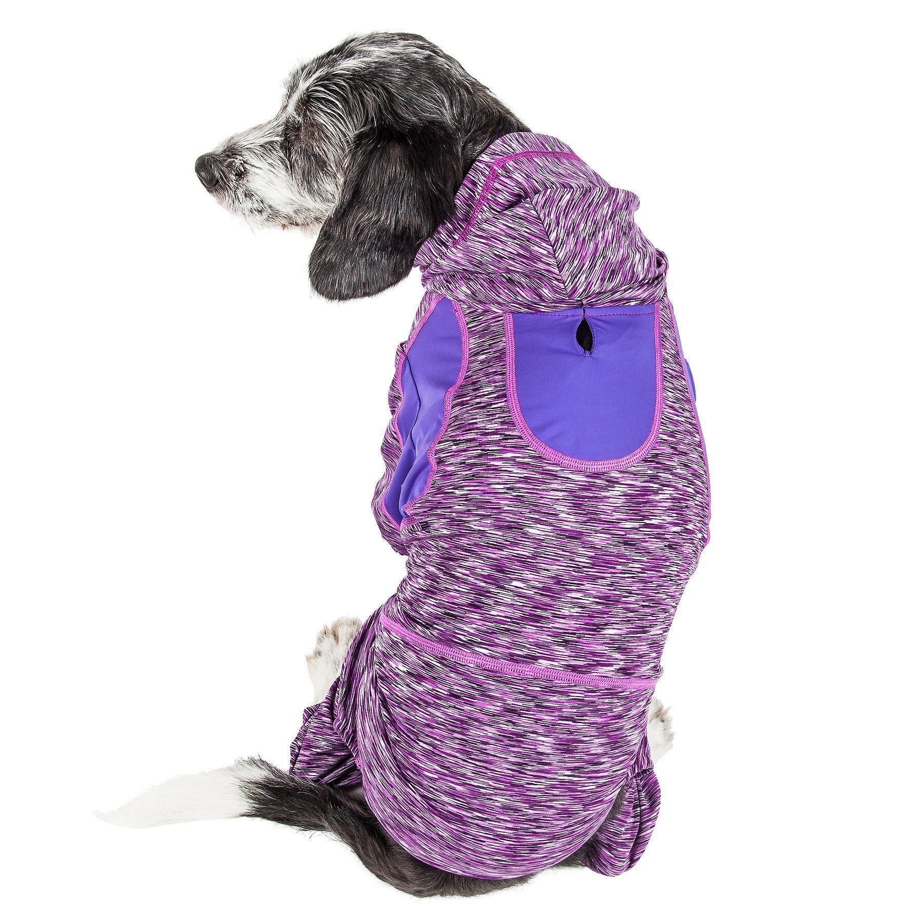 Pet Life ® Active 'Downward Dog' 4-Way-Stretch Fitness Yoga Dog Tracksuit Hoodie X-Small Purple
