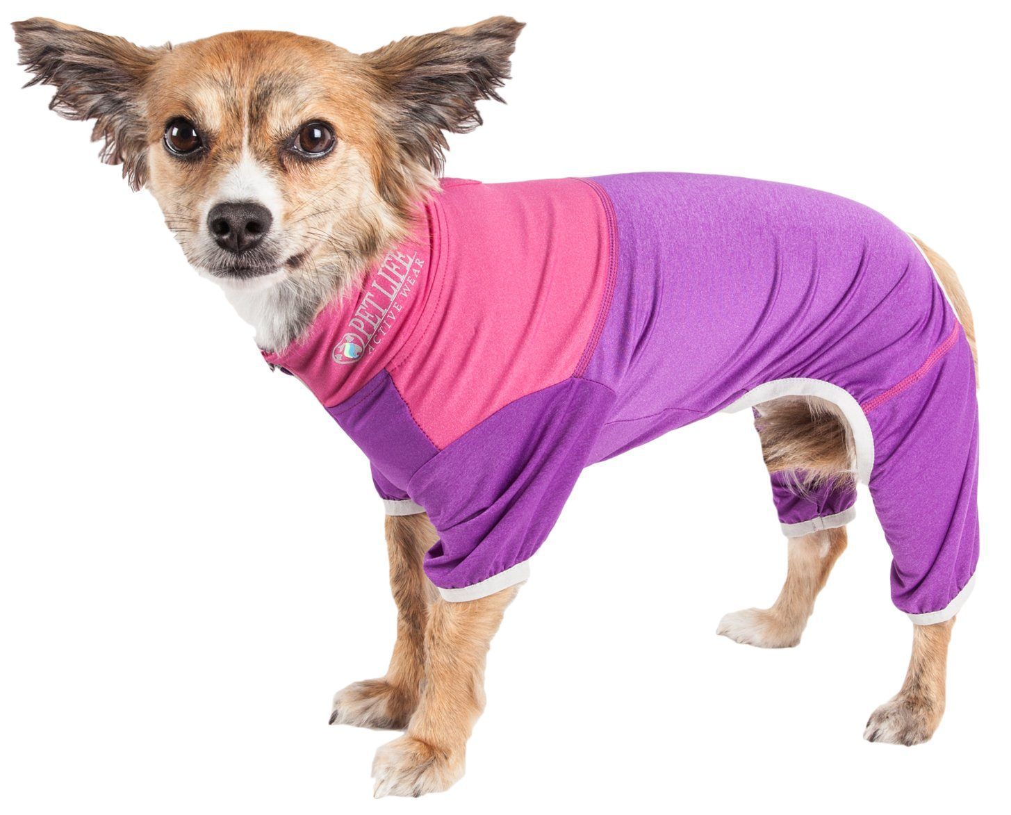 Pet Life ®  Active 'Embarker' 4-Way Stretch Fitness Yoga Full Body Dog Tracksuit X-Small Lavendar / Pink