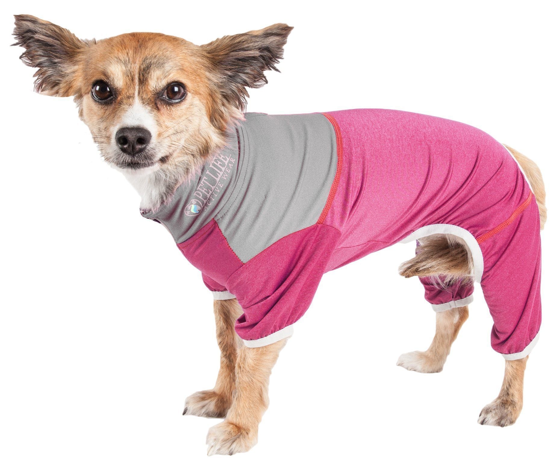 Pet Life ®  Active 'Embarker' 4-Way Stretch Fitness Yoga Full Body Dog Tracksuit X-Small Pink And Gray