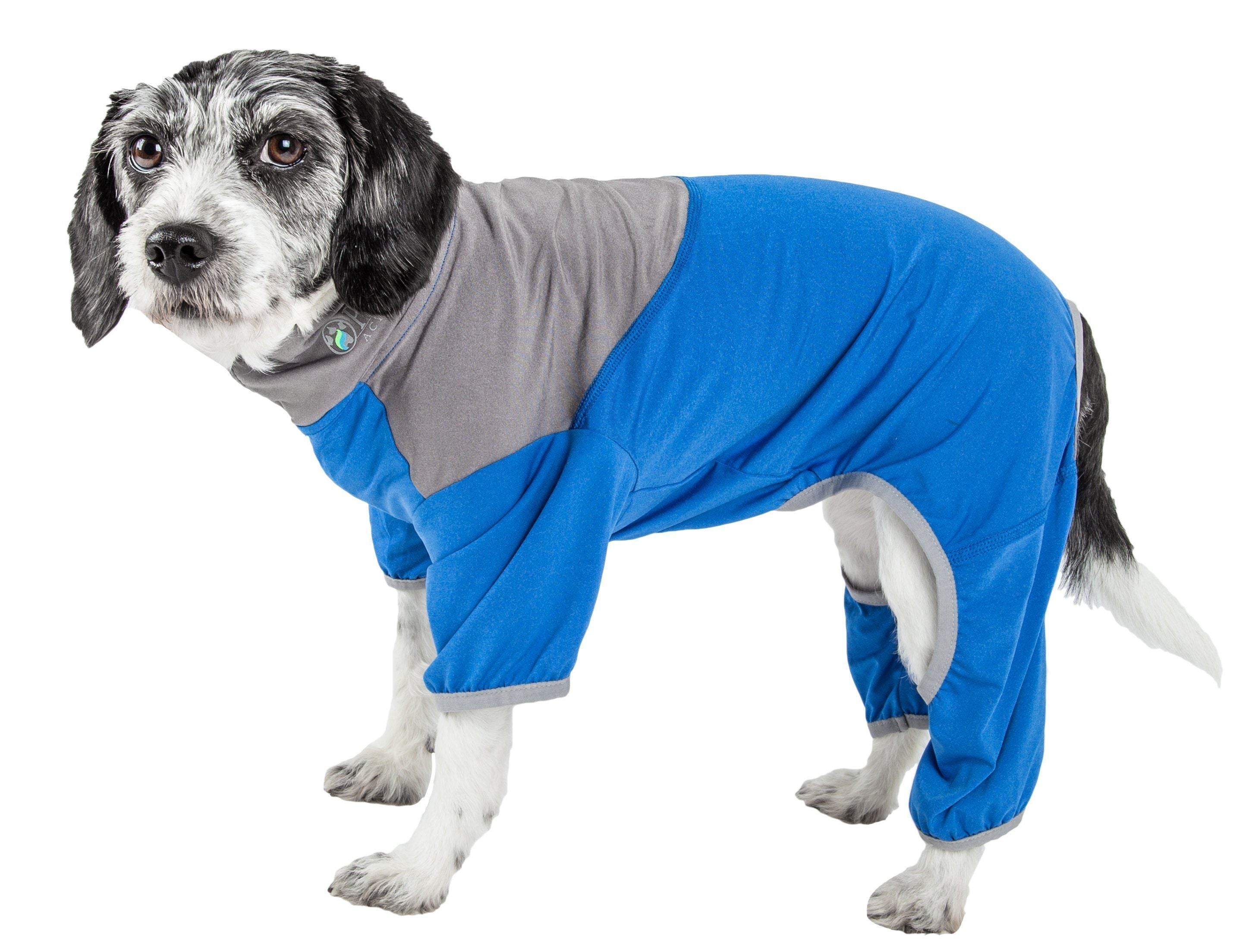 Pet Life ®  Active 'Embarker' 4-Way Stretch Fitness Yoga Full Body Dog Tracksuit X-Small Blue