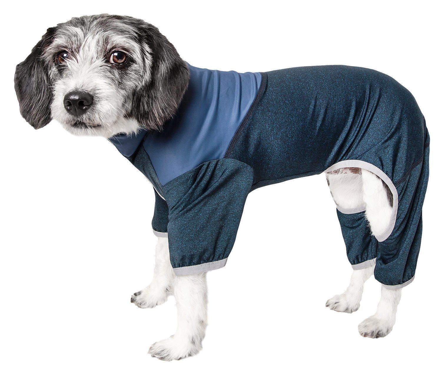 Pet Life ®  Active 'Embarker' 4-Way Stretch Fitness Yoga Full Body Dog Tracksuit X-Small Teal / Navy