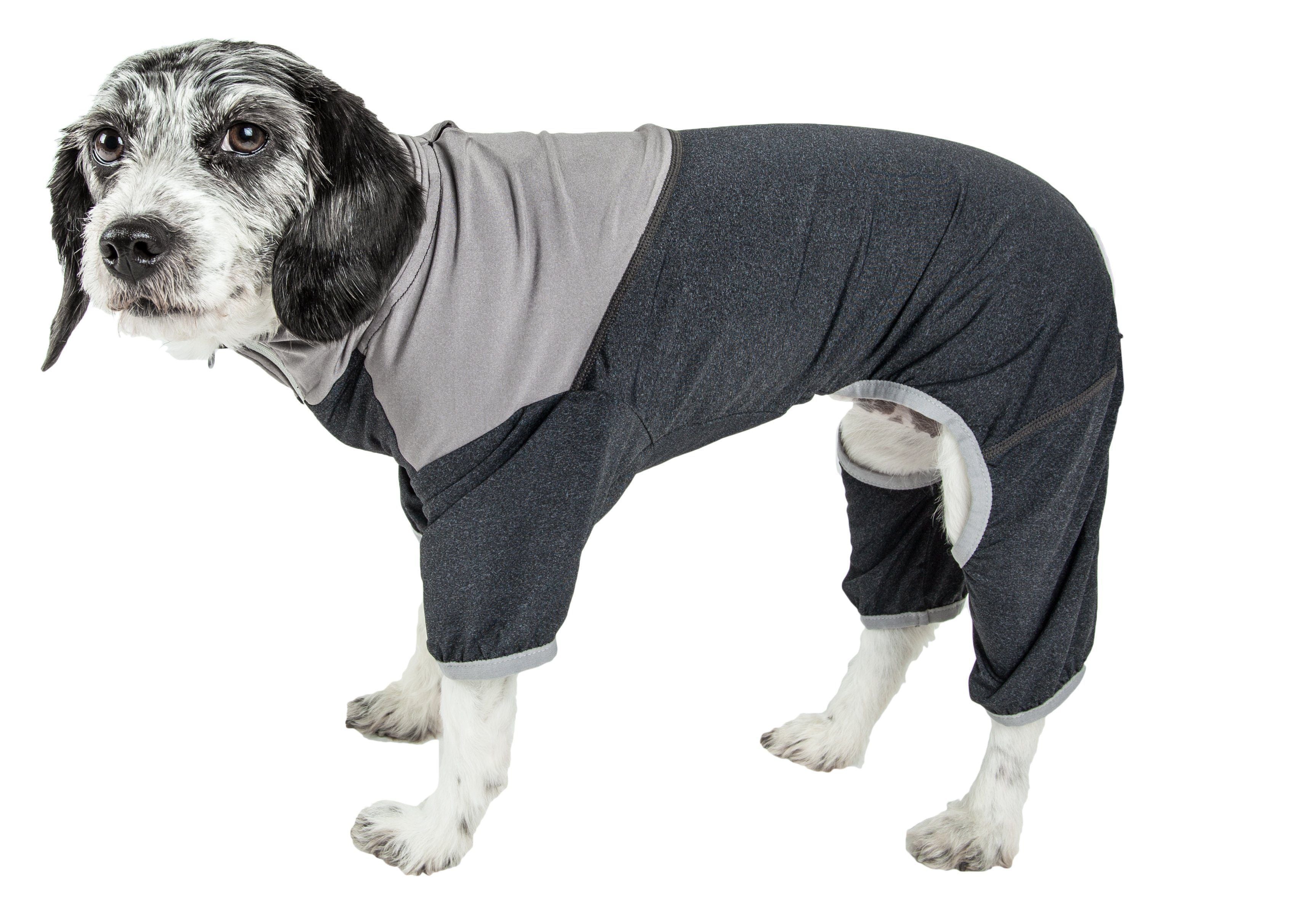 Pet Life ®  Active 'Embarker' 4-Way Stretch Fitness Yoga Full Body Dog Tracksuit X-Small Black/Gray