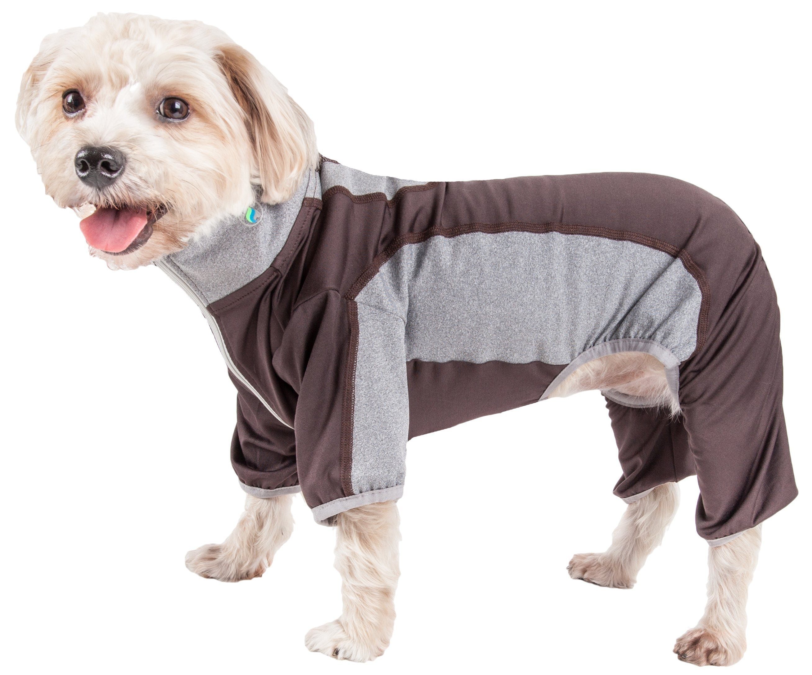 Pet Life ® Active 'Warm-Pup' Stretchy and Quick-Drying Fitness Dog Yoga Warm-Up Tracksuit X-Small Mudd Brown and Gray