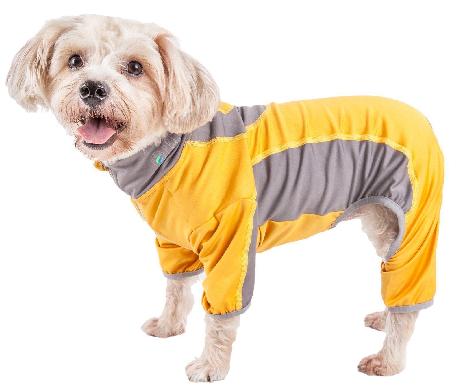 Pet Life ® Active 'Warm-Pup' Stretchy and Quick-Drying Fitness Dog Yoga Warm-Up Tracksuit X-Small Sunkist Yellow Orange and Gray