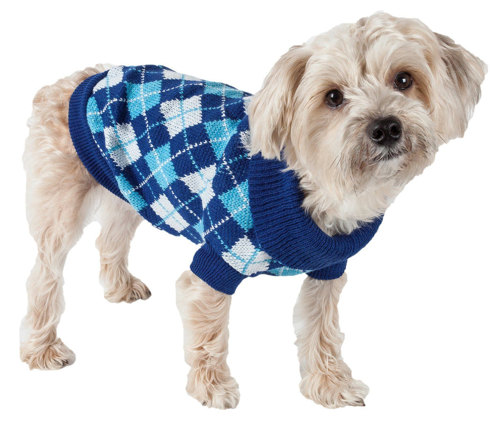 Pet Life ® 'Argyle Style' Ribbed Knitted Fashion Designer Dog Sweater X-Small Blue Argyle