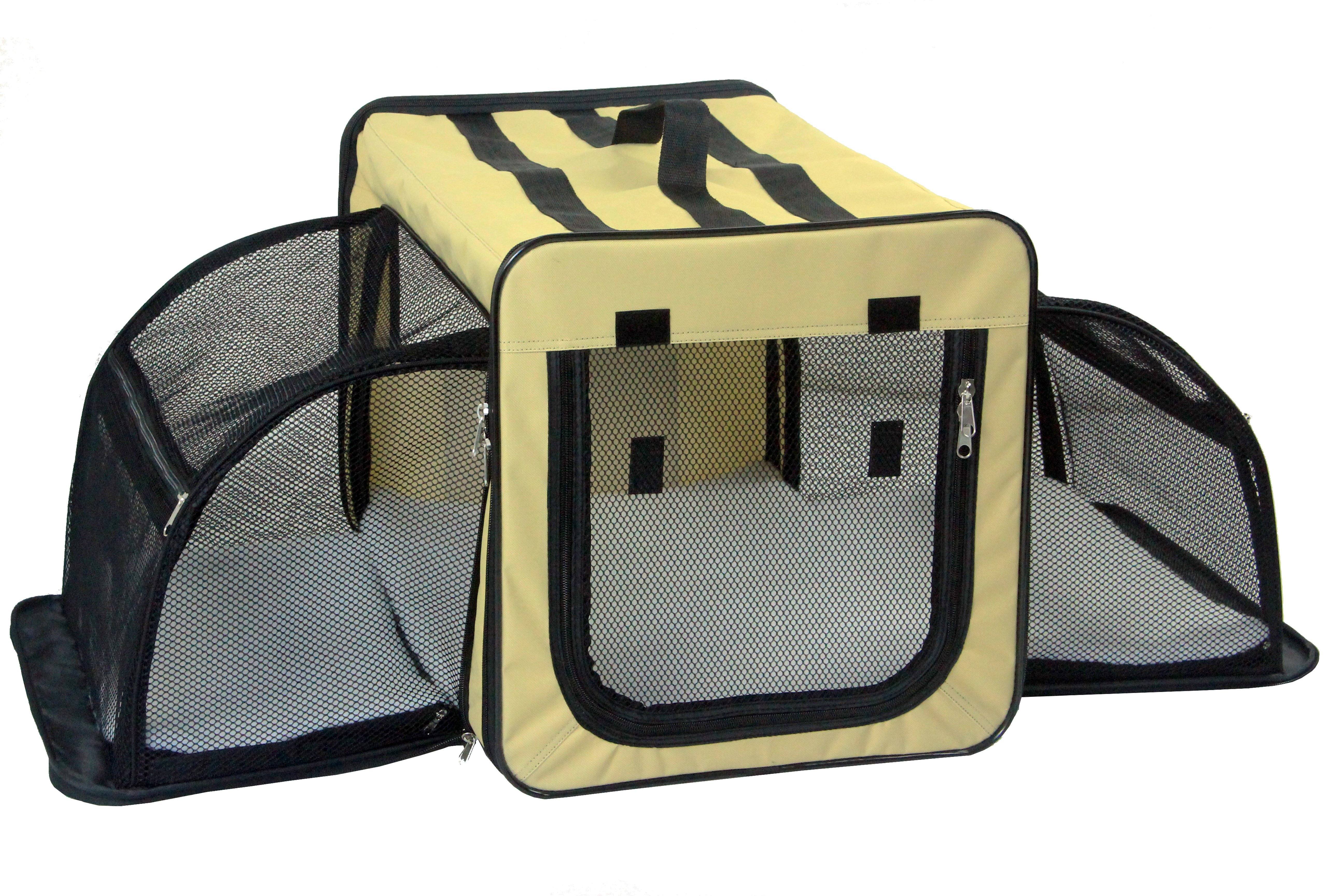 Pet Life ® 'Capacious' Dual-Sided Expandable Spacious Wire Folding Collapsible Lightweight Pet Dog Crate Carrier House Large Khaki