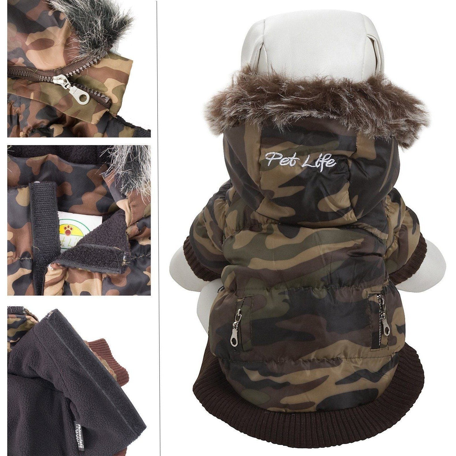 Pet Life ® Classic Metallic Fashion 3M Insulated Dog Coat Parka  w/ Removable Hood X-Small Camouflage