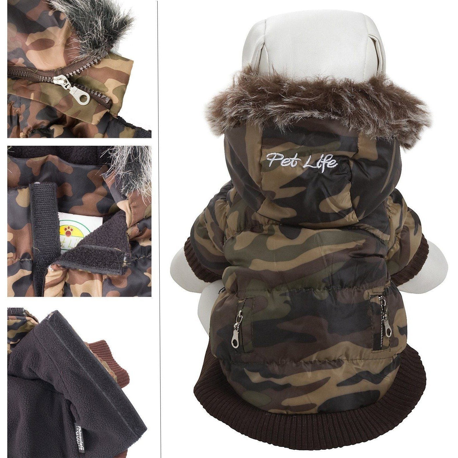 Pet Life ® Classic Metallic Fashion 3M Insulated Dog Coat Parka w/ Removable Hood X-Small Camouflage