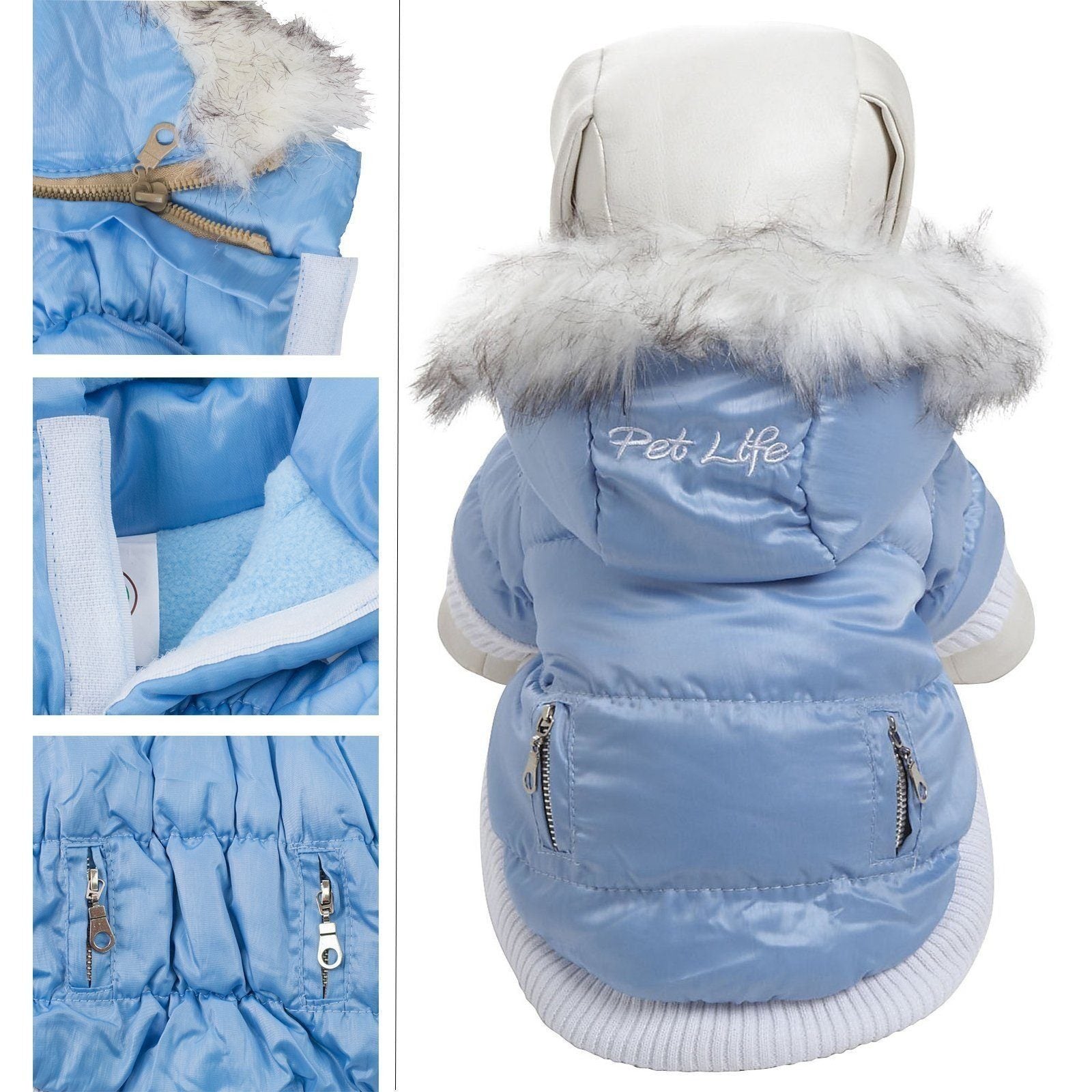 Pet Life ® Classic Metallic Fashion 3M Insulated Dog Coat Parka  w/ Removable Hood X-Small Sky Blue