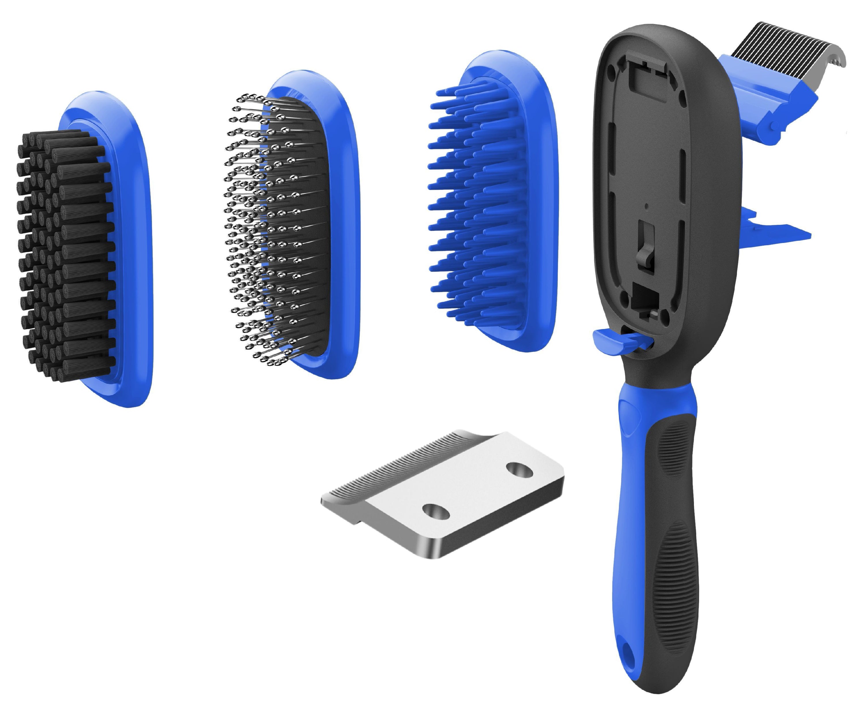 Pet Life ® 'Conversion' 5-in-1 Interchangeable Dematting and Deshedding Bristle Pin and Massage Grooming Pet Comb Blue