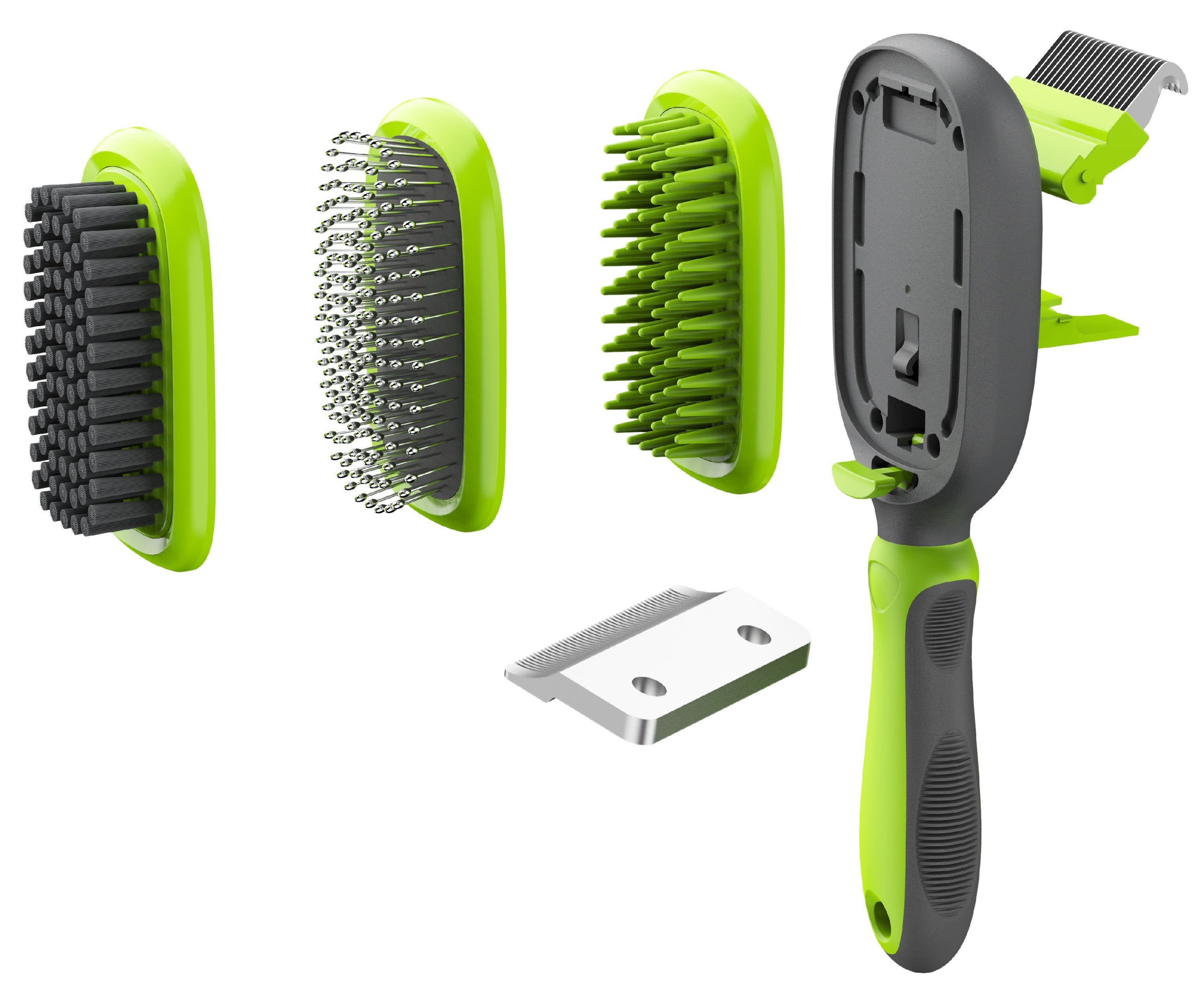 Pet Life ® 'Conversion' 5-in-1 Interchangeable Dematting and Deshedding Bristle Pin and Massage Grooming Pet Comb Green