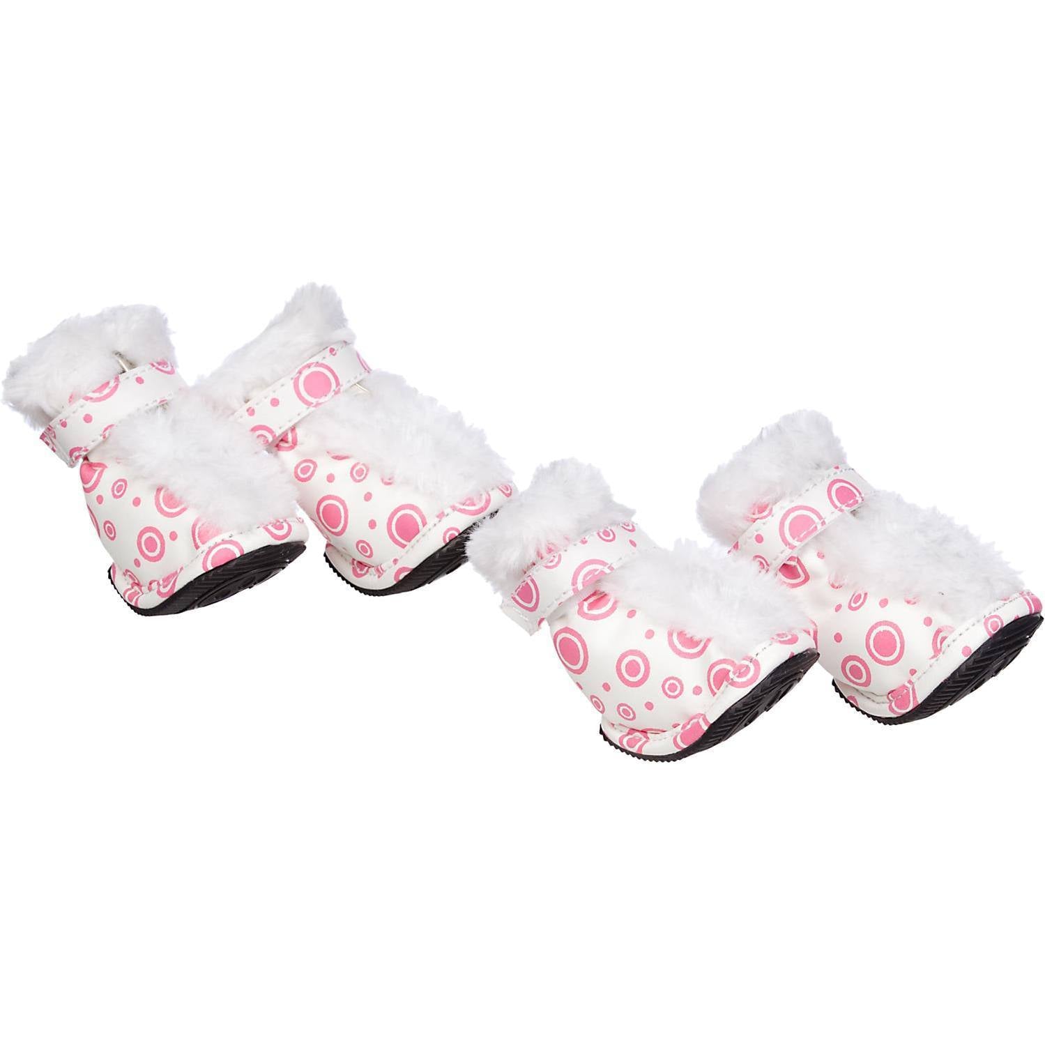 Pet Life ® Fur-Comfort 3M Insulated Fashion Fur and PVC Waterproof Winter Dog Boots - Set of 4 X-Small Pink & White