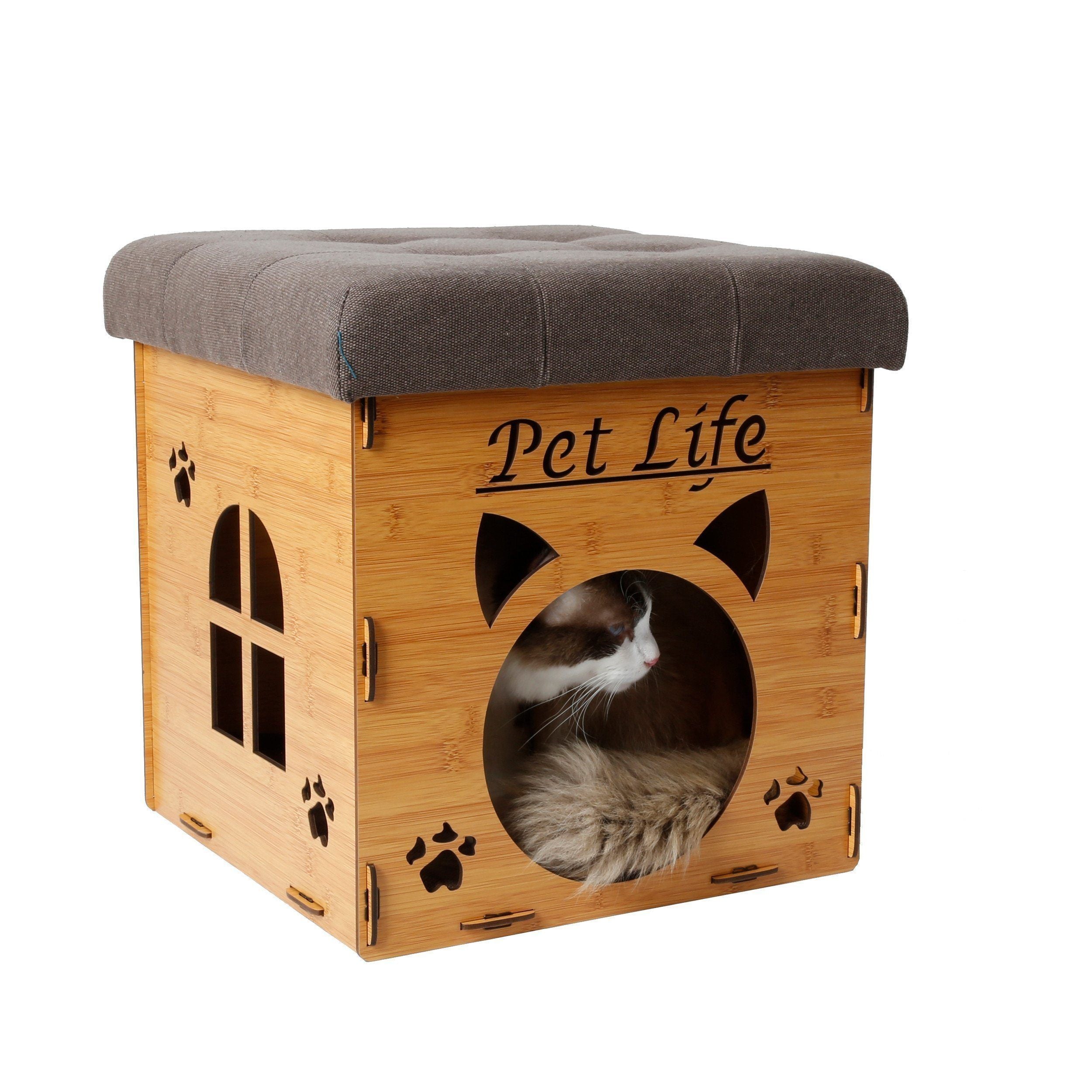 Pet Life ® 'Kitty Kallapse' Collapsible Folding Kitty Cat House Tree Bed Ottoman Bench Furniture Light Wood 