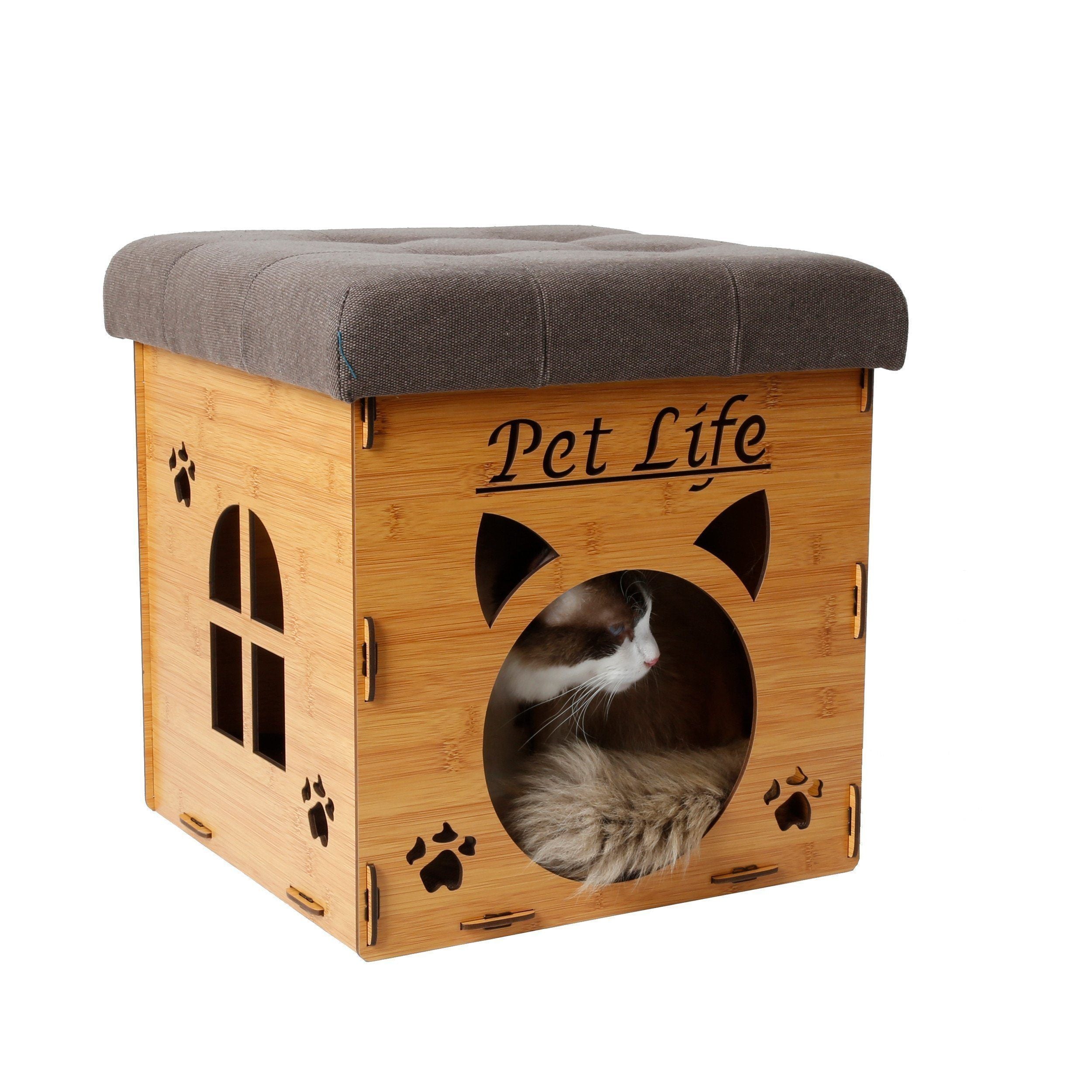 Pet Life ® 'Kitty Kallapse' Collapsible Folding Kitty Cat House Tree Bed Ottoman Bench Furniture Light Wood