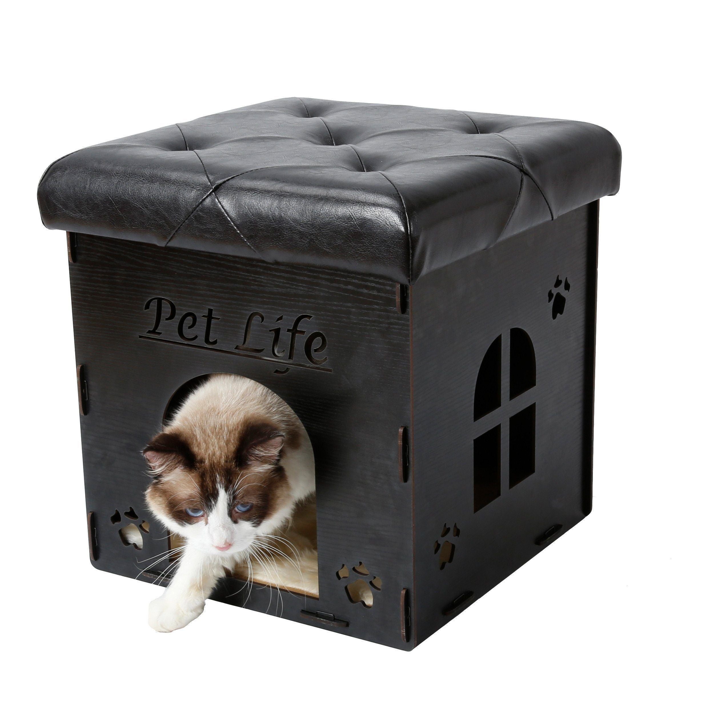 Pet Life ® 'Kitty Kallapse' Collapsible Folding Kitty Cat House Tree Bed Ottoman Bench Furniture Black