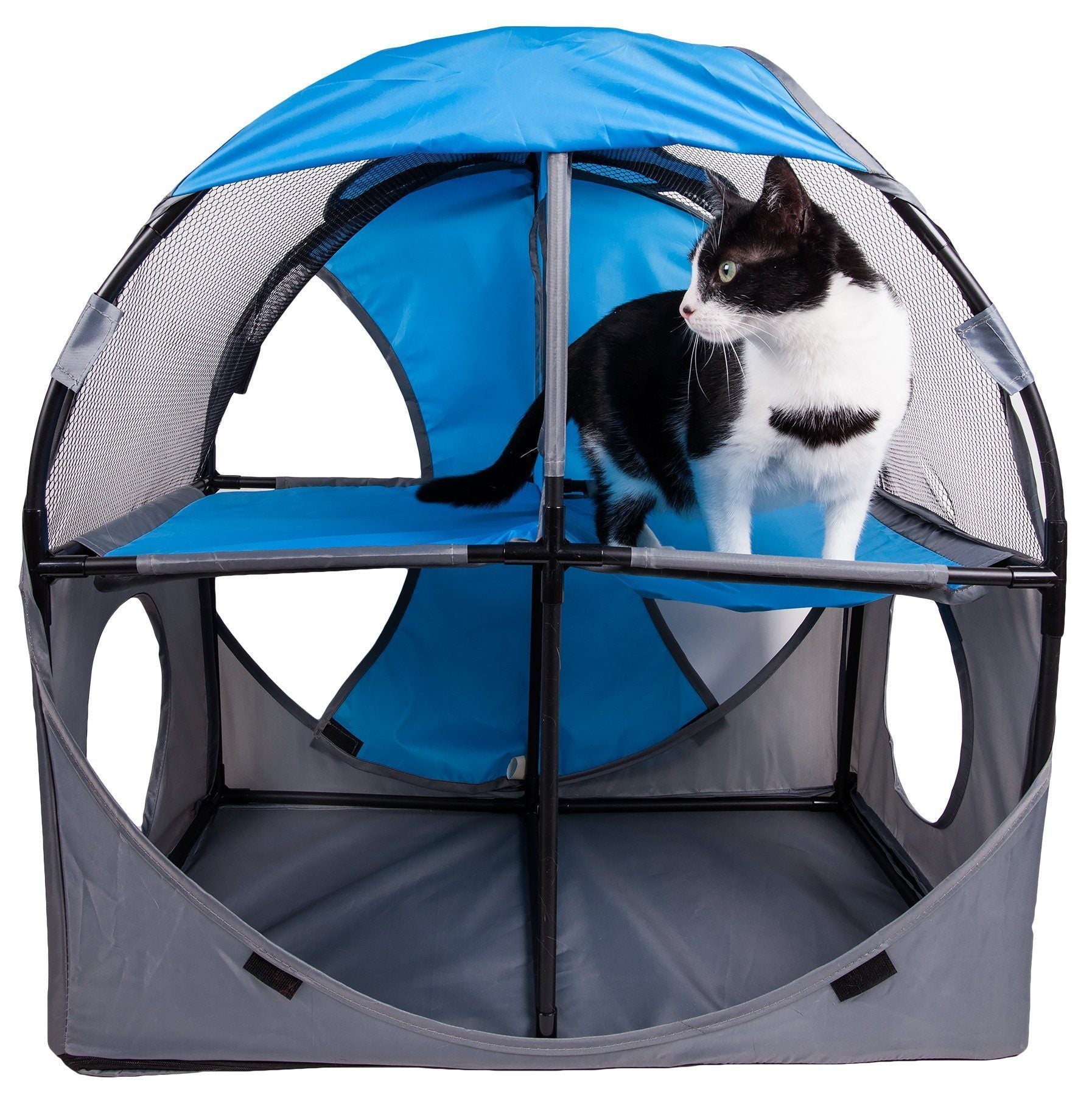 Pet Life ® 'Kitty-Play' Collapsible Travel Interactive Kitty Cat Tree Maze House Lounger Tunnel Lounge Blue, Grey 